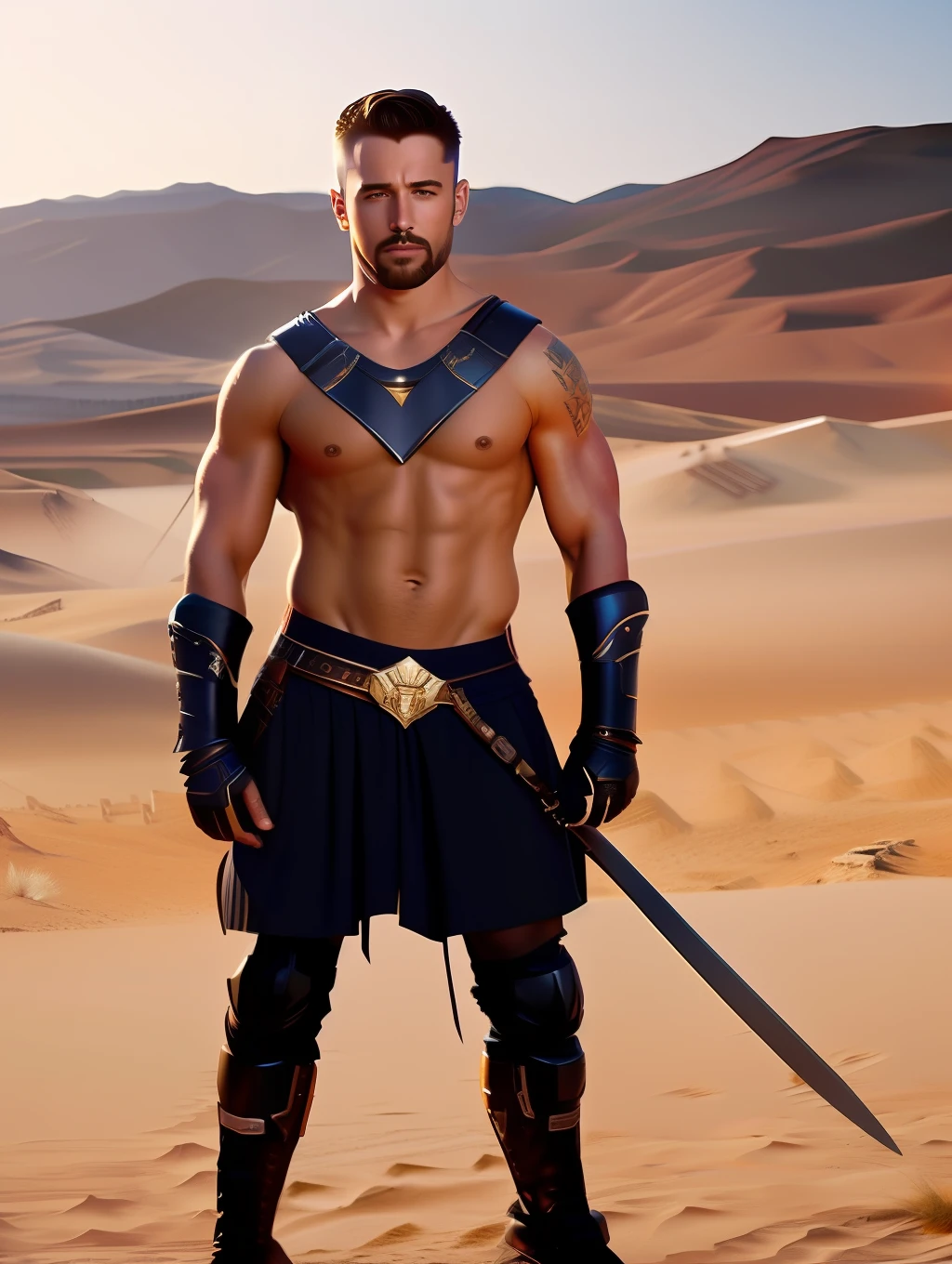 fking_scifi, fking_scifi_v2, portrait of a young, muscular very handsome and attractive Gladiator warrior man, in front of a sand desert, short messy hair, hairy body, slavery clothing, close up, regal pose and attitude. fking_cinema_v2. , very strong and fitted, very intense action, dynamic juxtaposition, a sword, fierce look, looking at the viewer, fierce look, tumblr contest winner, hurufiyya, very strong fitted and masculine, movie still, cinematic lighting. photograph, detailed symmetric realistic face, extremely detailed natural texture, peach fuzz, long waived hair, masterpiece, absurdres, nikon d850 film stock photograph, kodak portra 400 camera f1.6 lens, extremely detailed, amazing, fine detail, intense actio, hyper realistic lifelike texture, dramatic lighting, unrealengine, trending on artstation, cinestill 800 tungsten, looking at the viewer, photo realistic, RAW photo, TanvirTamim, high quality, highres, sharp focus, extremely detailed, cinematic lighting, action, 8k uhd,-imagine-