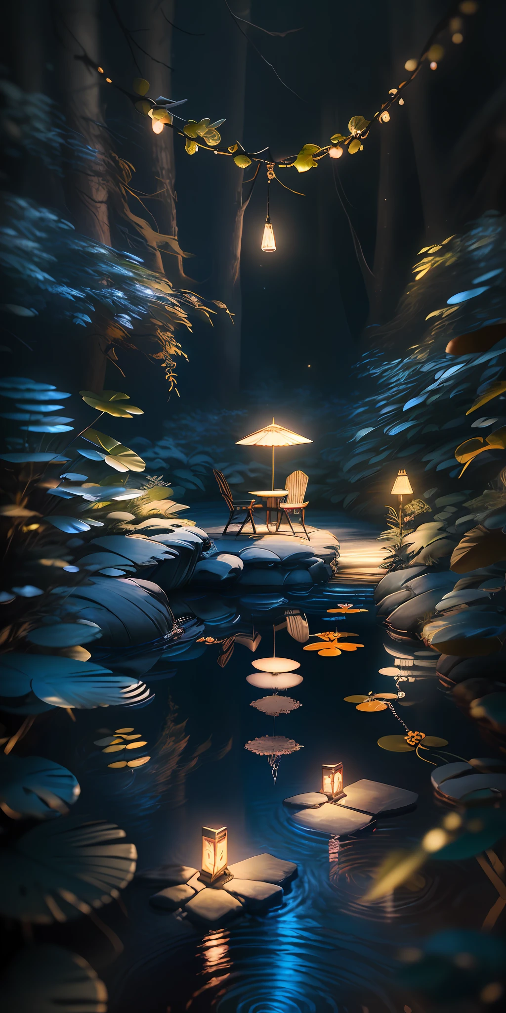 Masterpiece, best quality, (very detailed CG unified 8k wallpaper), (best quality), (best illustration), (best shadow), deer, glowing elf with glowing deer, drinking water in swimming pool, natural elements of forest theme. Mysterious forest, beautiful forest, nature, surrounded by flowers, delicate leaves and branches surrounded by fireflies (natural elements), (jungle theme), (leaves), (branches), (fireflies), (9:16 mobile wallpaper) (particle effects) and other 3D, octane rendering, ray tracing, super detailed, --v6