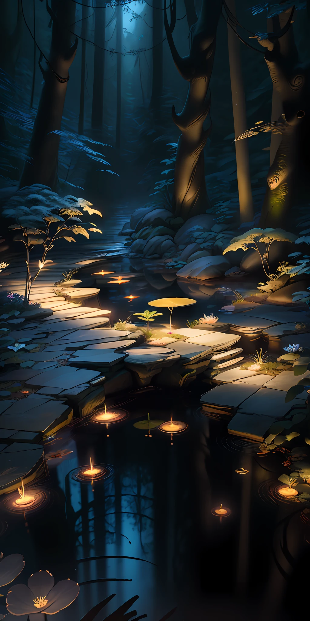 Masterpiece, best quality, (very detailed CG unified 8k wallpaper), (best quality), (best illustration), (best shadow), glowing elves, ponds, forest themed natural elements. Mysterious forest, beautiful forest, nature, surrounded by flowers, delicate leaves and branches surrounded by fireflies (natural elements), (jungle theme), (leaves), (branches), (fireflies), (9:16 mobile wallpaper) (particle effects) and other 3D, octane rendering, ray tracing, super detailed, --v6