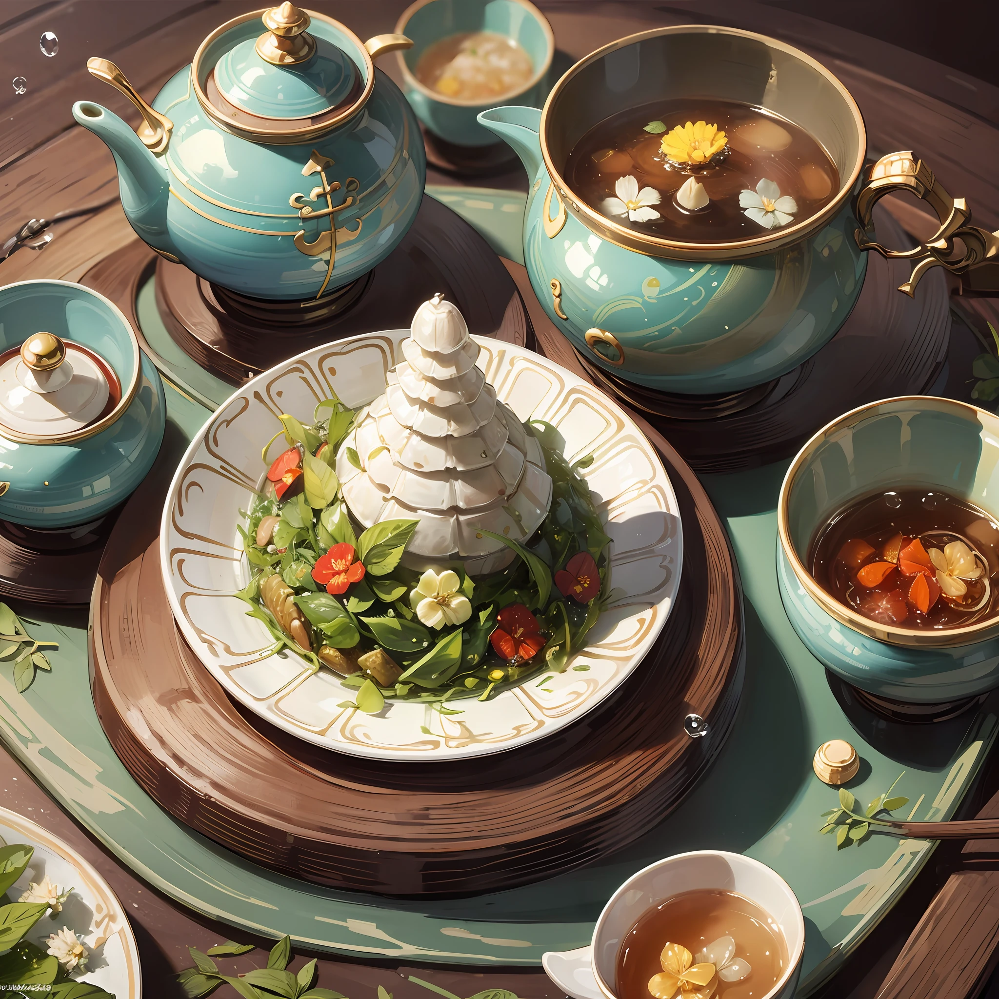 Masterpiece, HD, a poster, the theme is Dragon Boat Festival, zongzi, Chinese tea set, wormwood herbs, dragon boats, family reunion, early summer, water drops, sunshine, clear sky, --auto --s2