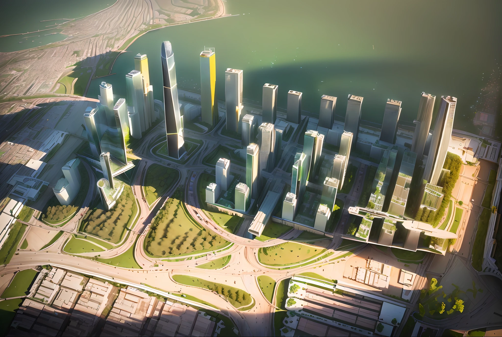 3D model HD rendering, aerial view, architectural rendering, right angle isometric view, 45 degree angle, high detail, cinematic, global illumination, realistic lighting, Unreal Engine rendering, Substance 3D, Octane rendering, (HDR: 1.5), there is a big city, there is a ship in the middle, Guangzhou, connected to the inland tropical coastal city, the inland background is green plants and roads, the road surrounds the city, there is a lake in the city, the water in the lake flows to the river, there is an island in the center of the lake, there is a tall building and countless green plants on the island, urban, mixed development, ultra-fine, ultra-realistic, detailed, beautiful future city, super detailed, office buildings, glass curtain wall, greening, trees, roads and bridges around the city, 8K, daytime, north of the picture, west, The east side is connected to the inland, and only the south side is by the river and the river view