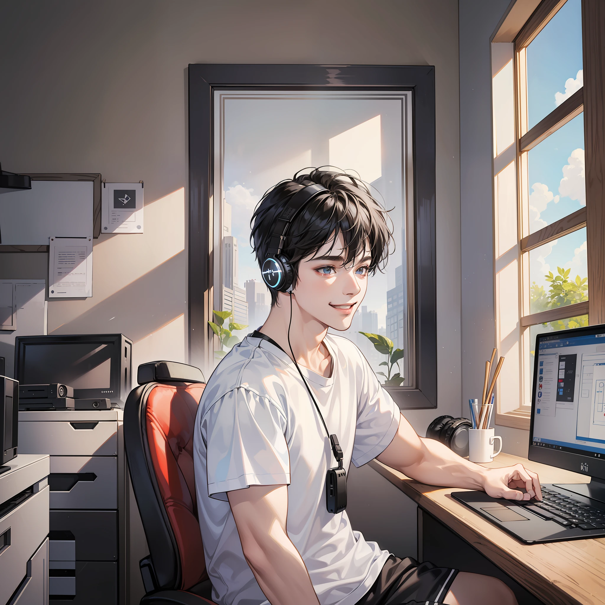 Masterpiece, high quality, best quality, HD, realistic, perfect lighting, detailed face, detailed body, 1 man, short black hair, white t-shirt, (smile emoji: 1.5) (happy face: 1.5), wearing headphones, sitting in front of computer screen, soulful singing, room