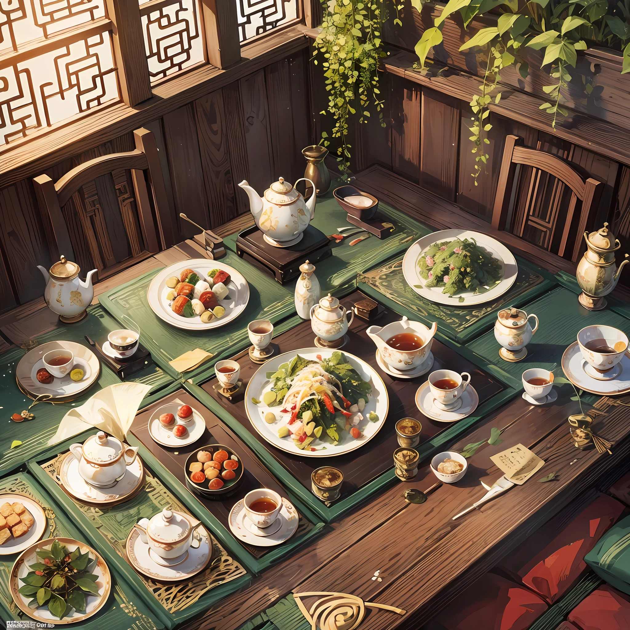 Masterpiece, HD, a poster, the theme is Dragon Boat Festival, zongzi, Chinese tea set, wormwood herbs, dragon boats, family reunion, early summer, water drops, sunshine, clear sky, --auto --s2
