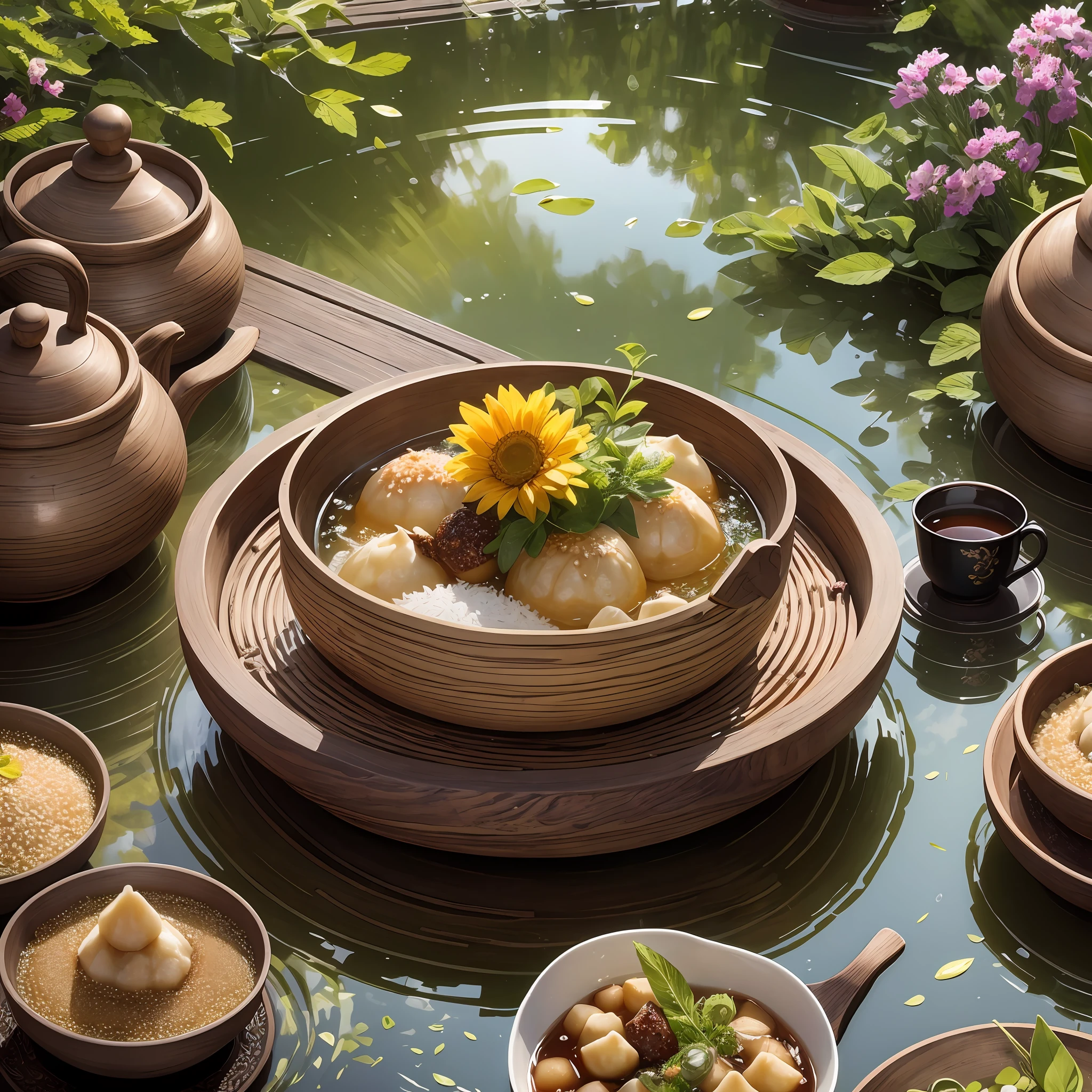 Masterpiece, HD, a poster, the theme is the Dragon Boat Festival, there are rice dumplings and tea, tableware, family, early summer, water drops, sunshine, clear sky, wormwood herbs, --auto --s2