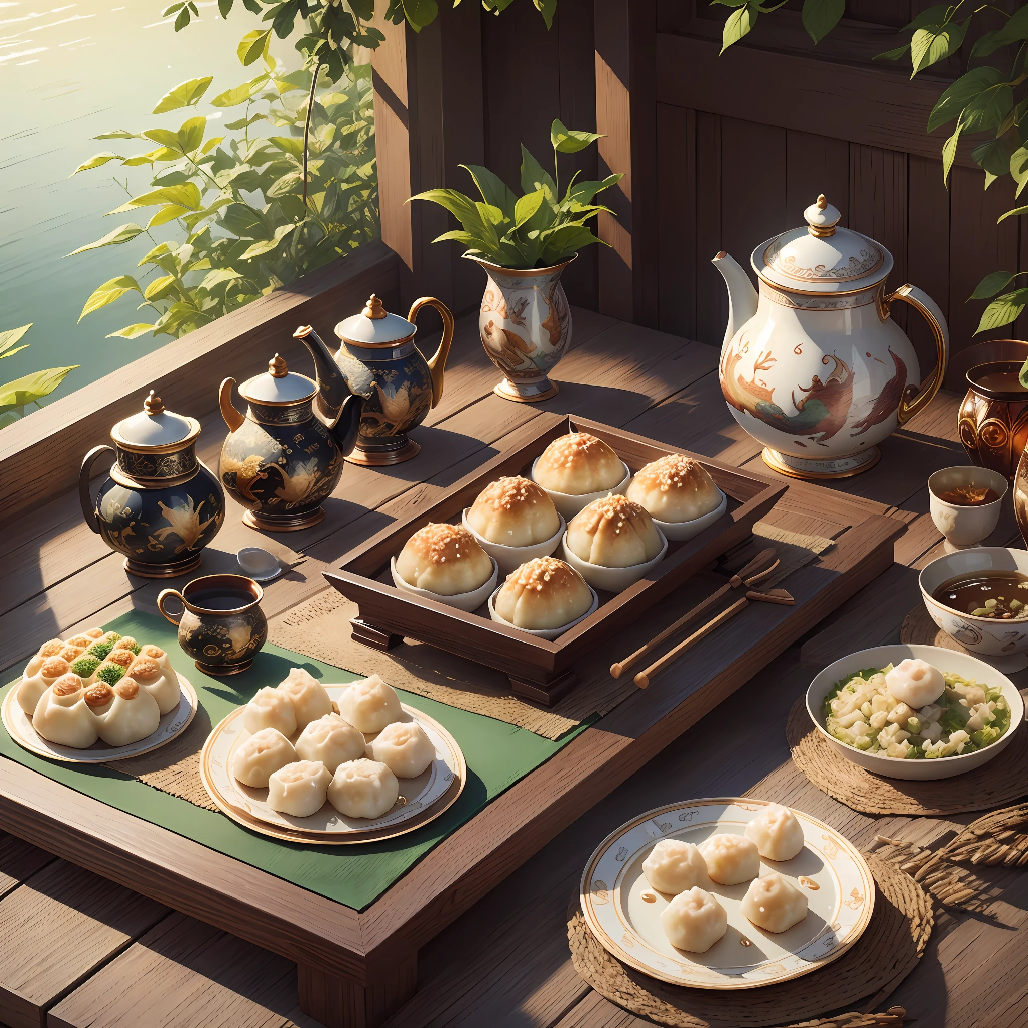 Masterpiece, HD, a poster, the theme is the Dragon Boat Festival, there are rice dumplings and tea, tableware, family, early summer, water drops, sunshine, clear sky, wormwood herbs, --auto --s2