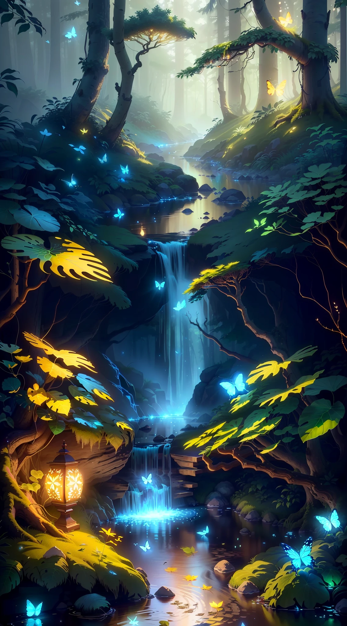 Masterpiece, best quality, (very detailed CG unity 8k wallpaper), (best quality), (best illustration), (best shadow), forest theme with natural elements. Tall trees, quiet streams, (glowing deer), glowing small mushrooms, surrounded by delicate leaves and branches, as well as fireflies and glowing particle effects, (natural elements), (jungle theme), (leaves), (branches), (fireflies), (most butterflies), (delicate leaves), (glow), (particle effects). , isometric 3D, Octane rendering, ray tracing, super detailed