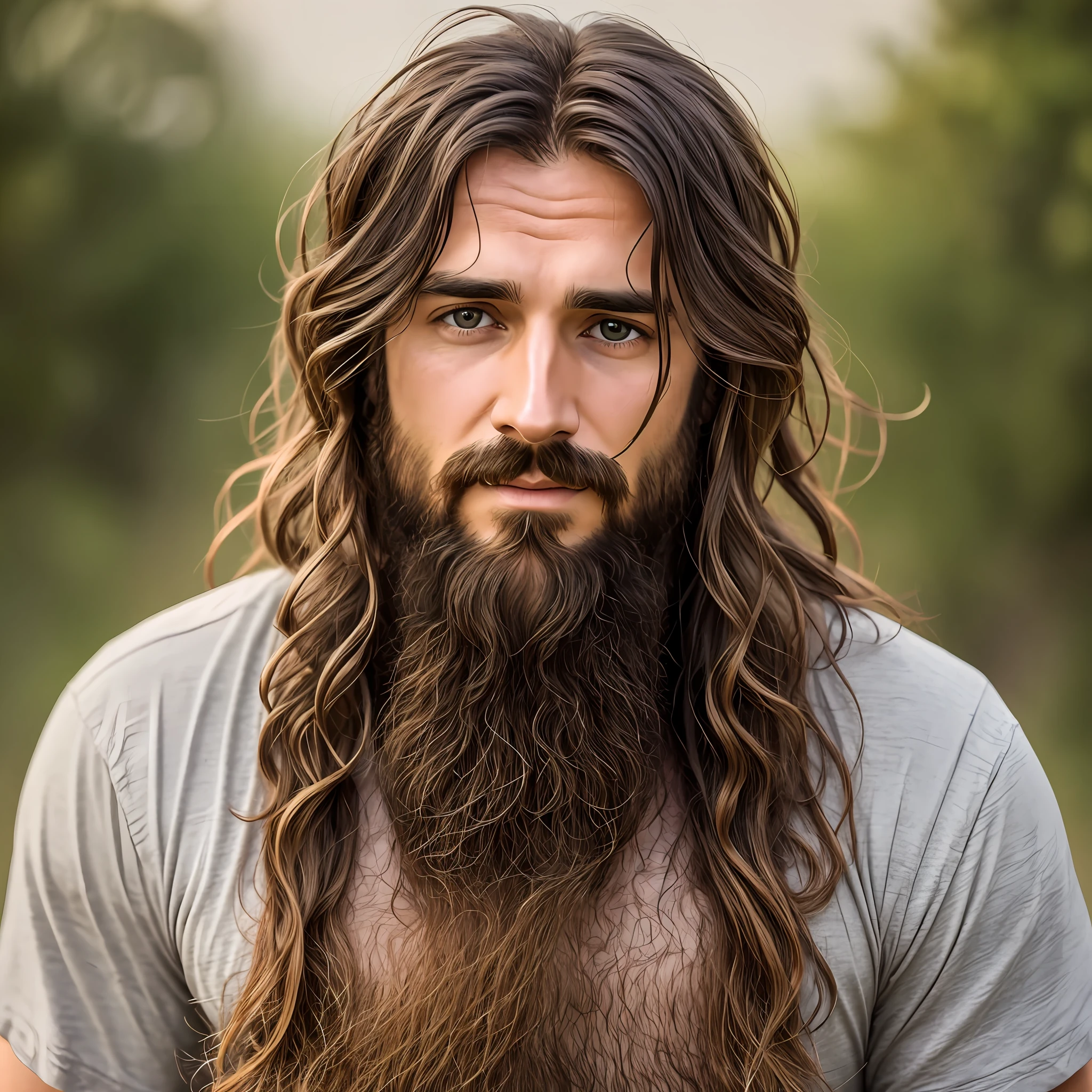 Create a photograph of Jesus Christ in simple, sweaty attire with messy hair and a bushy beard, a serene-looking adult man --auto --s2