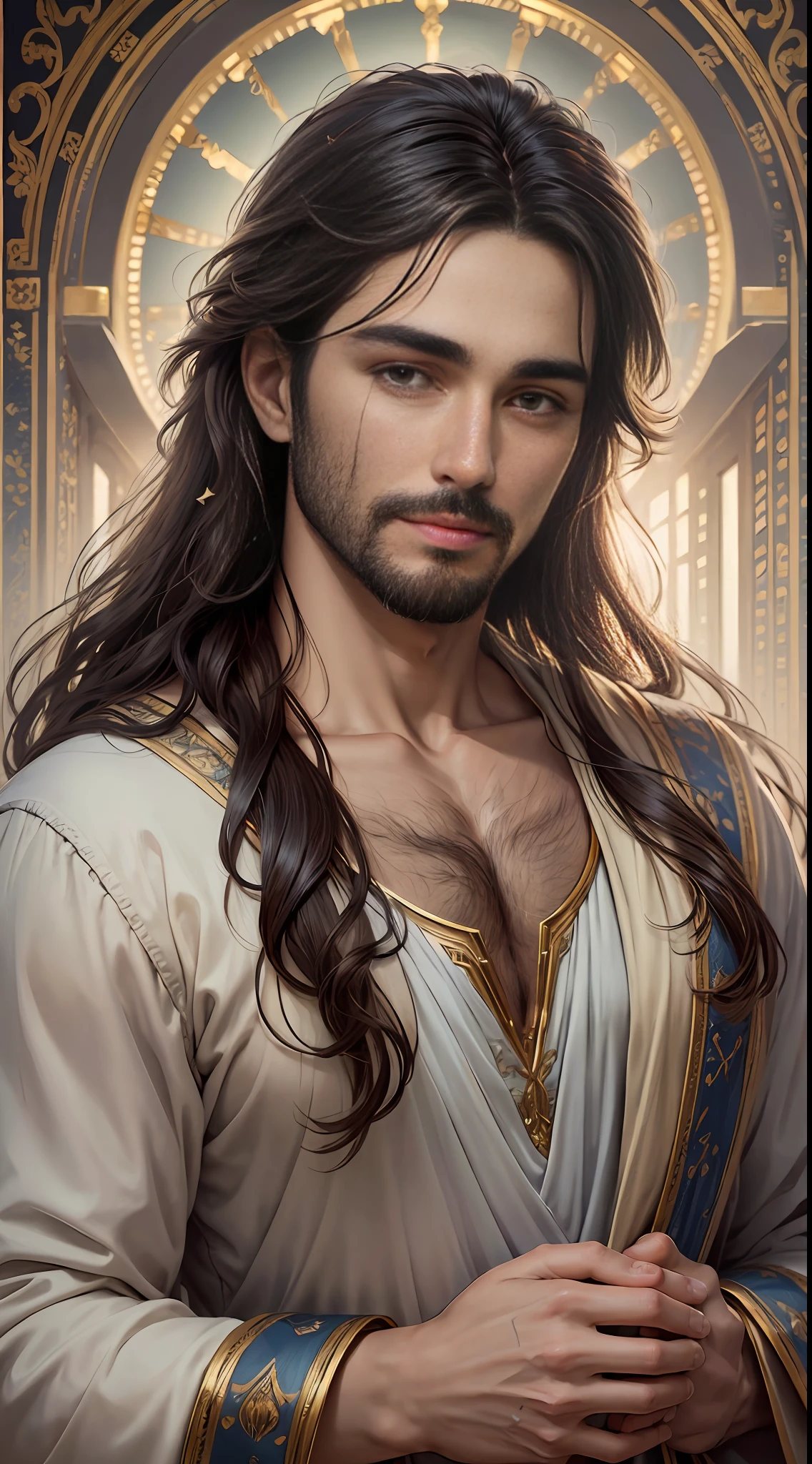 Adult male, depicting the beauty, serenity and divinity of Jesus. Best quality, high resolution, masterpiece, best detail, 8k, close-up, to create a simple and unique image, .create art that touches the heart and inspires a deep spiritual connection --auto --s2