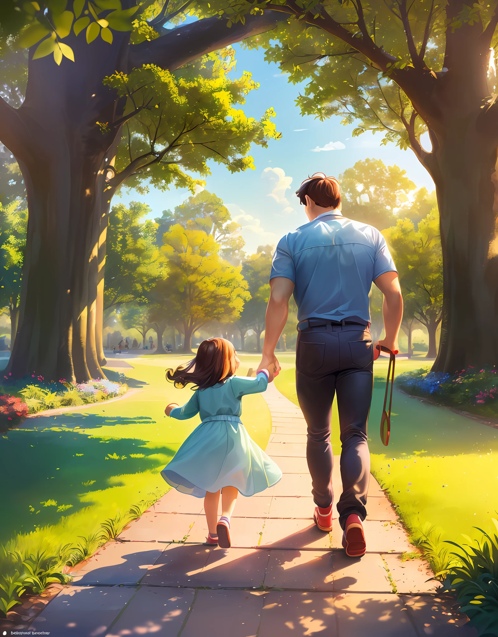 Masterpiece level, best picture quality, high definition ((park + children's book style) Father's Day celebration: (1girl+1man), full of happiness and joy, high detail, bright and auspicious. (Main body of the park): Playful play and laughter, strollers passing through the tree-lined paths when Father's Day arrives. )