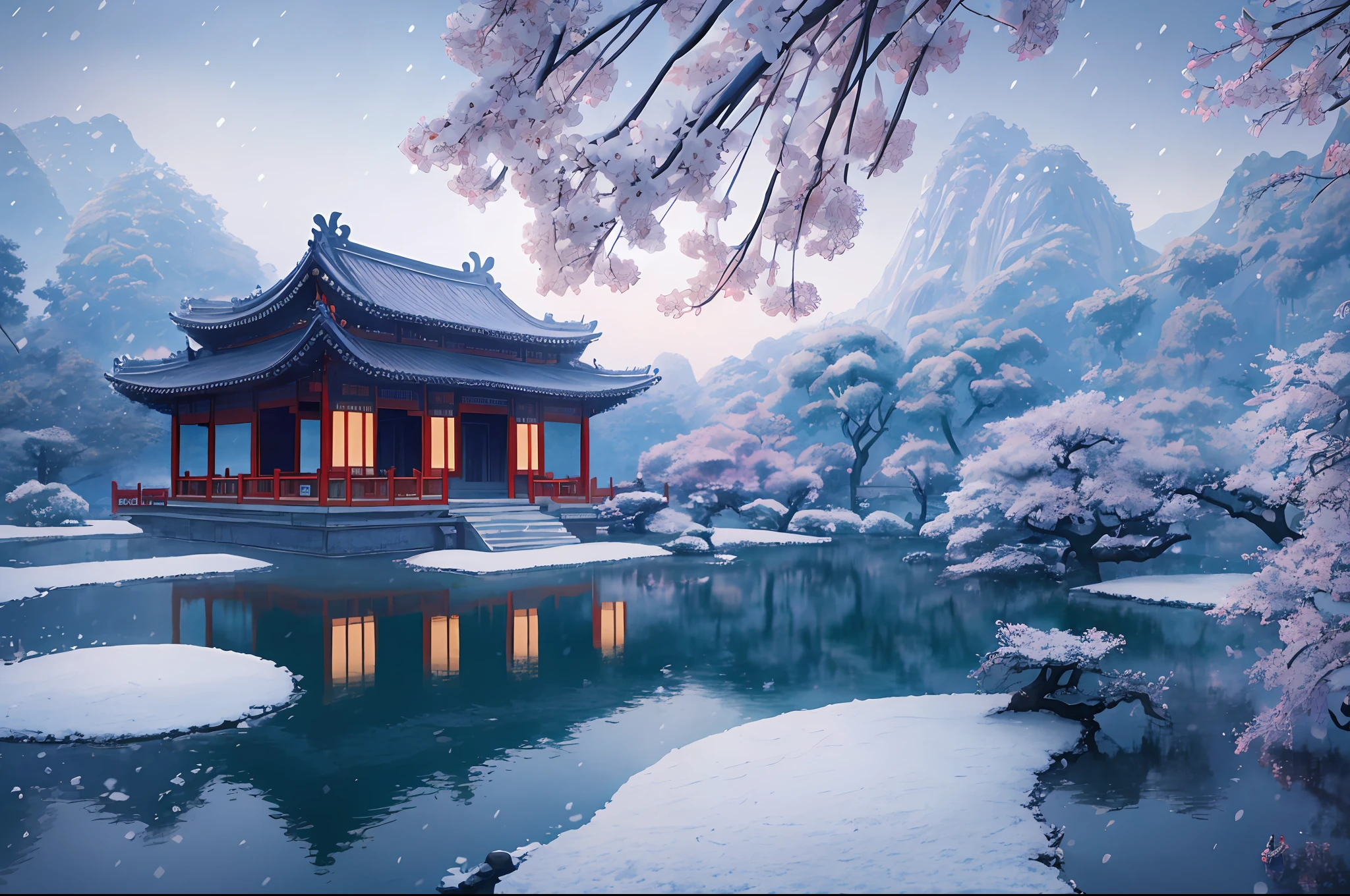 Masterpiece, best quality, high quality, extremely detailed CG unity 8k wallpaper, classical Chinese garden, landscape, Suzhou, winter, ((snowing)), outdoor, sky, daytime, landscape, water, tree, blue sky, waterfall, nature, lake, river, cloudy sky, award winning photography, bokeh, depth of field, HDR, bloom, chromatic aberration, realism, very detailed, sad, trends on artstation, trends on CGsociety, intricate, high detail, dramatic, Midjourney art