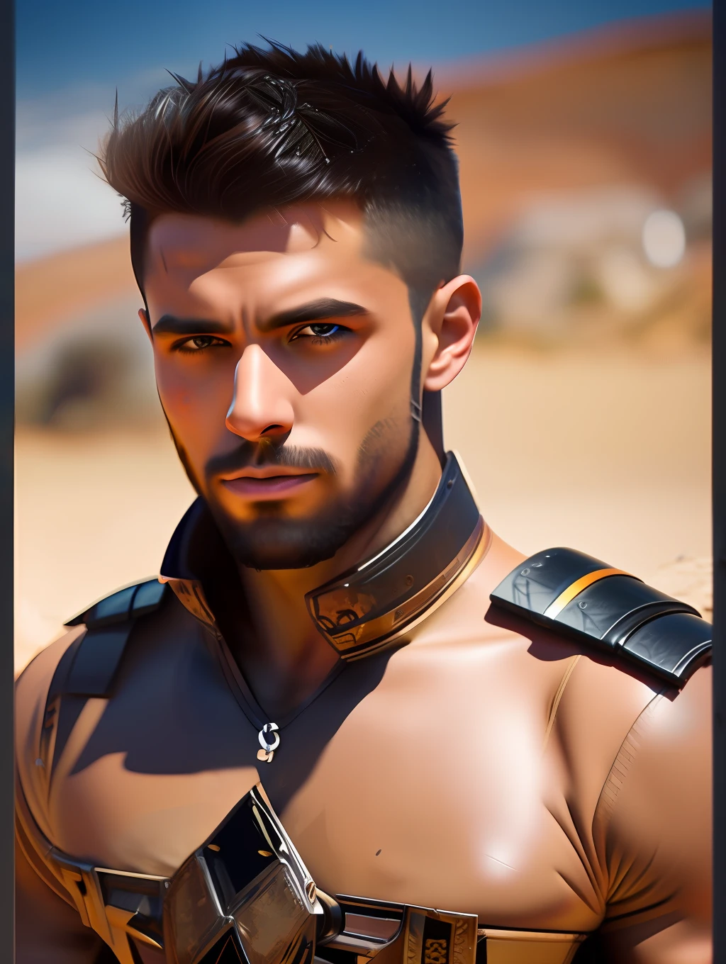 fking_scifi, fking_scifi_v2, portrait of a young, muscular very handsome and attractive Gladiator warrior man, in front of a sand desert, short messy hair, hairy body, slavery clothing, close up, regal pose and attitude. fking_cinema_v2. , very strong and fitted, very intense action, dynamic juxtaposition, a sword, fierce look, looking at the viewer, fierce look, tumblr contest winner, hurufiyya, very strong fitted and masculine, movie still, cinematic lighting. photograph, detailed symmetric realistic face, extremely detailed natural texture, peach fuzz, short messy hair, masterpiece, absurdres, nikon d850 film stock photograph, kodak portra 400 camera f1.6 lens, extremely detailed, amazing, fine detail, very intense action, hyper realistic lifelike texture, dramatic lighting, unrealengine, trending on artstation, cinestill 800 tungsten, looking at the viewer, photo realistic, RAW photo, TanvirTamim, high quality, highres, sharp focus, extremely detailed, cinematic lighting, action, 8k uhd,-imagine-
