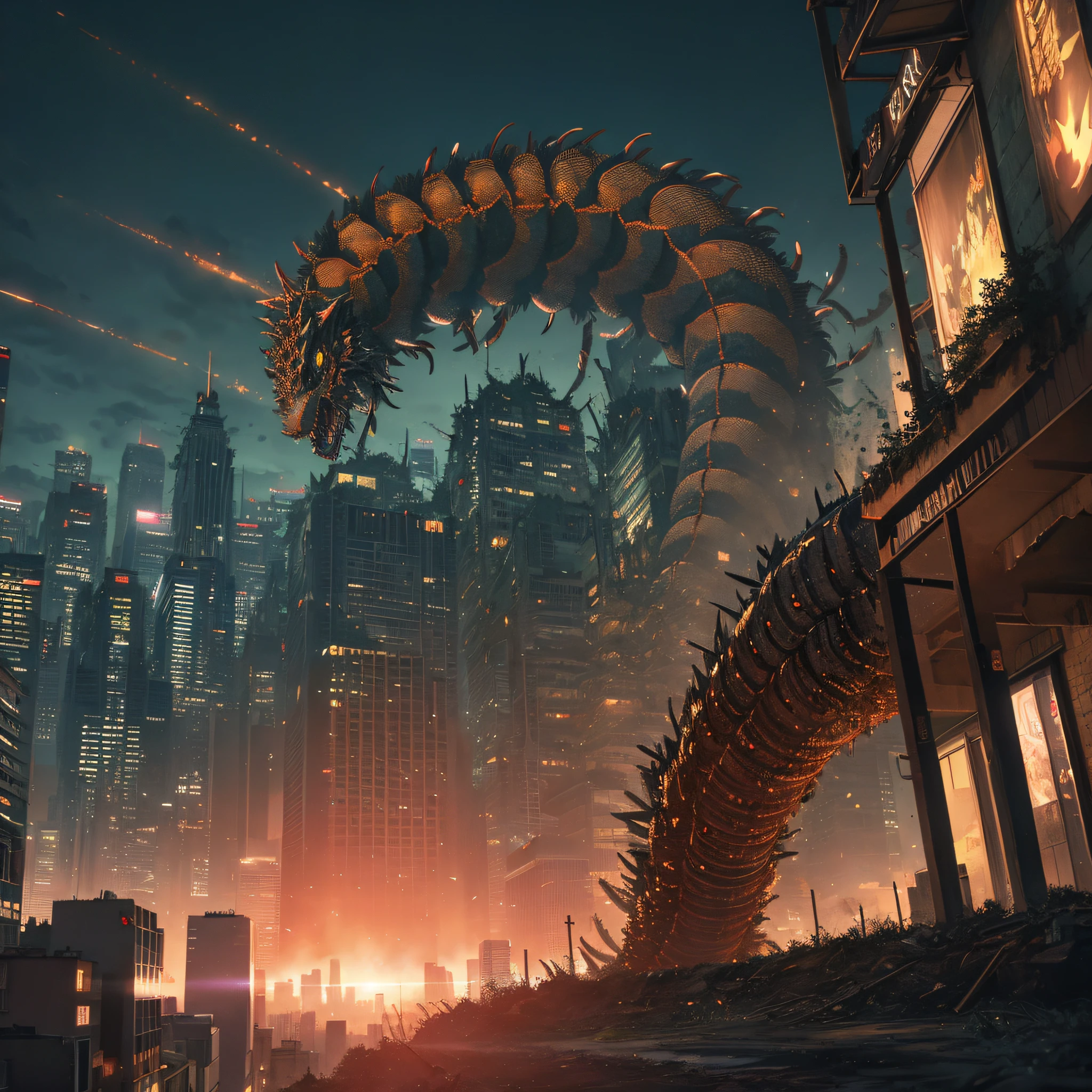 A giant centipede monster destroying the city (city ruins at night in the background) (best quality: 1.1) (masterpiece: 1.3) with unparalleled masterpiece, surreal 8K, perfect artwork, super detail, best quality, masterpiece 4K wallpaper aesthetics, masterpiece, award-winning artwork, official art, cinematic lighting