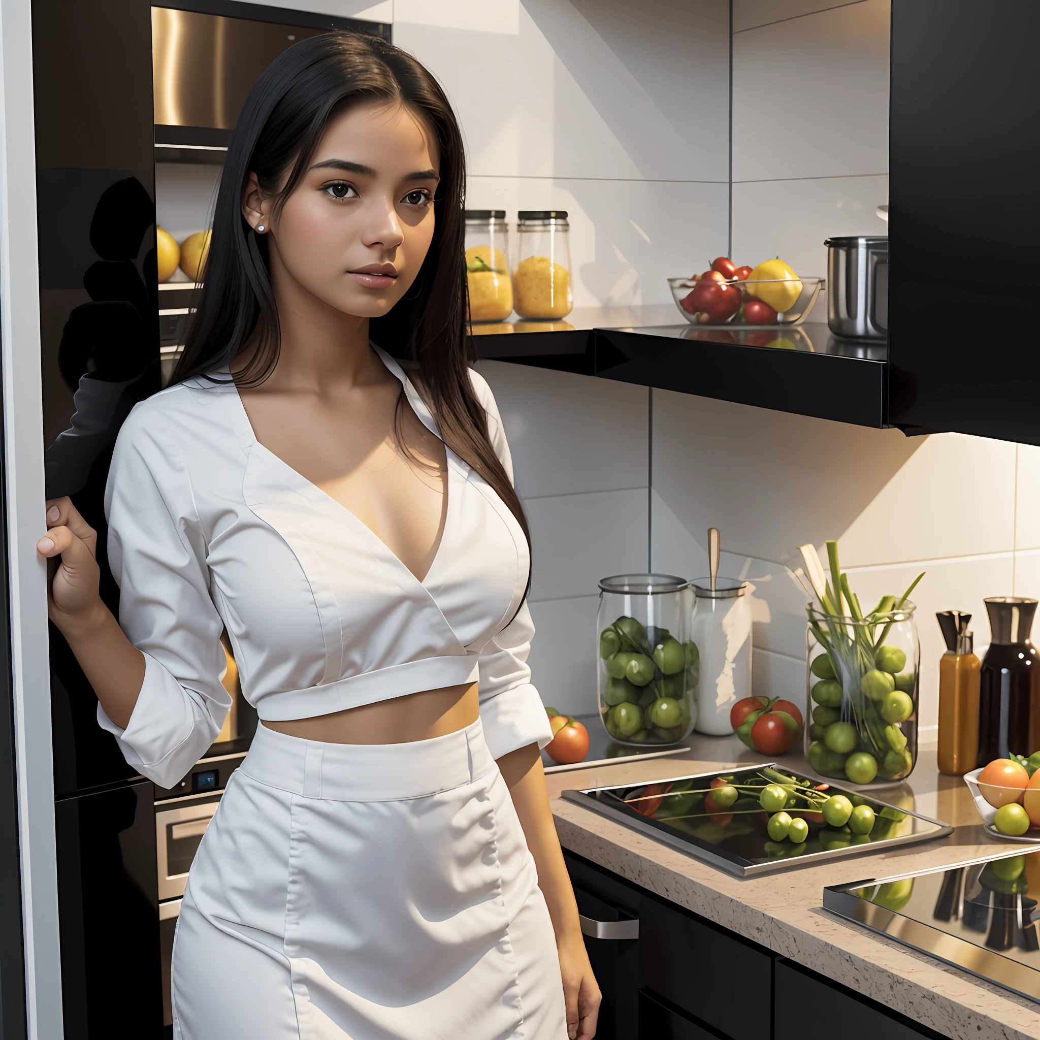 Photorealistic of a 20-year-old woman, standing, Latina, black-haired, brunette, in a white uniform, with a neckline in front and small breasts, arranging a kitchen next to a refrigerator --auto --s2