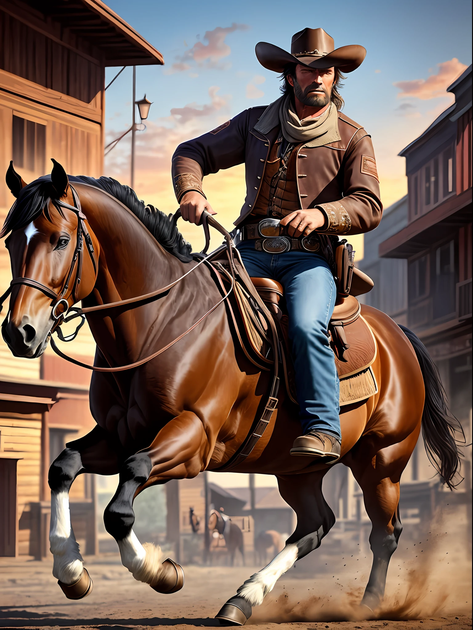 Front angle view, A horse riding cowboy in the street of wild west town, American frontier, in the style of Clint Eastwood, character of (man with no name), detailed face, Perfect body ratio, detail legs and finger, dark brown horse, action theme, 18th century culture, highly detailed, hyper realistic, photorealistic, perfect lighting, chiaroscuro effect, volumetric lighting, 8k resolution, perfect boots, perfect shoes --auto --s2