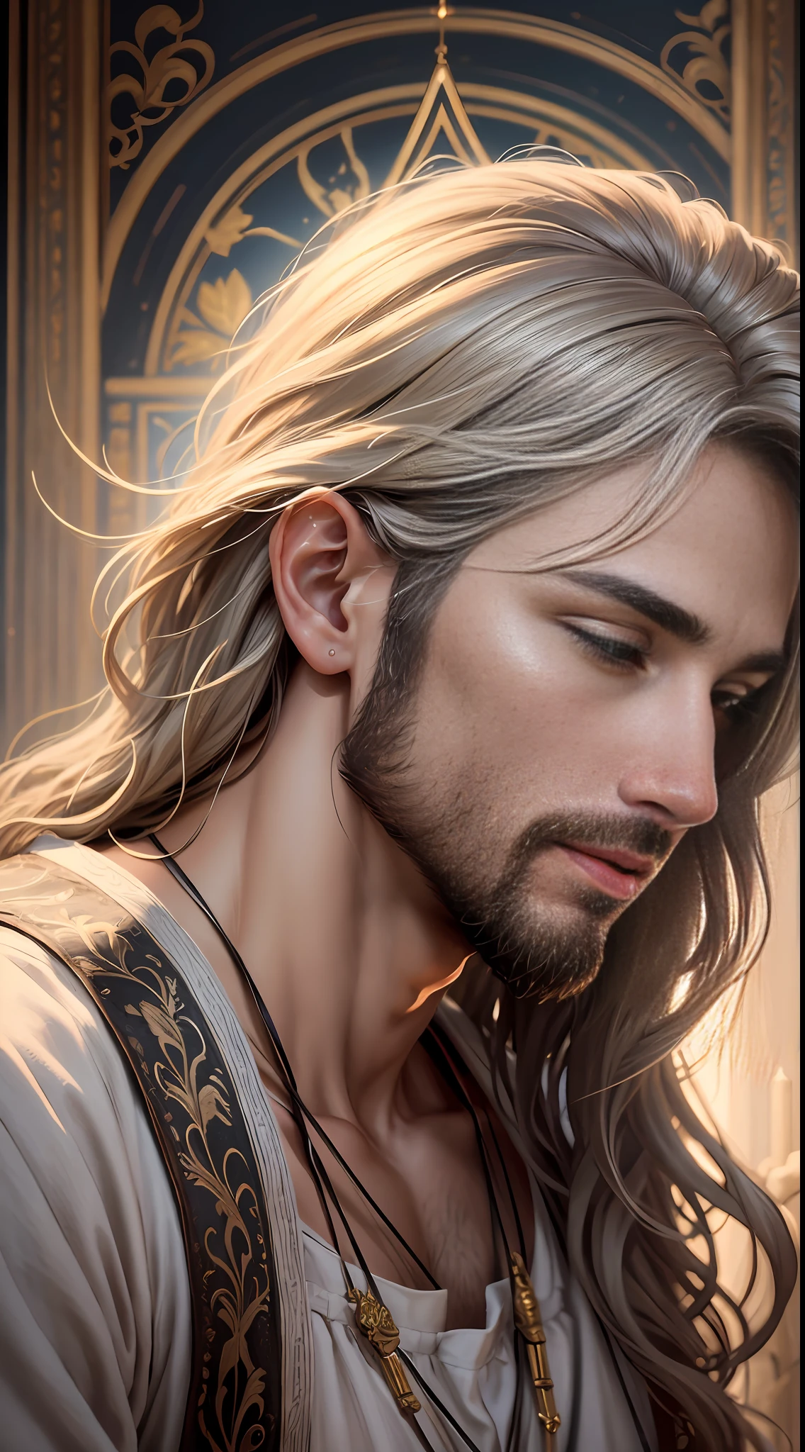 Adult male, depicting the beauty, serenity and divinity of Jesus. Best quality, high resolution, masterpiece, best detail, 8k, close-up, to create a simple and unique image, .create art that touches the heart and inspires a deep spiritual connection --auto --s2