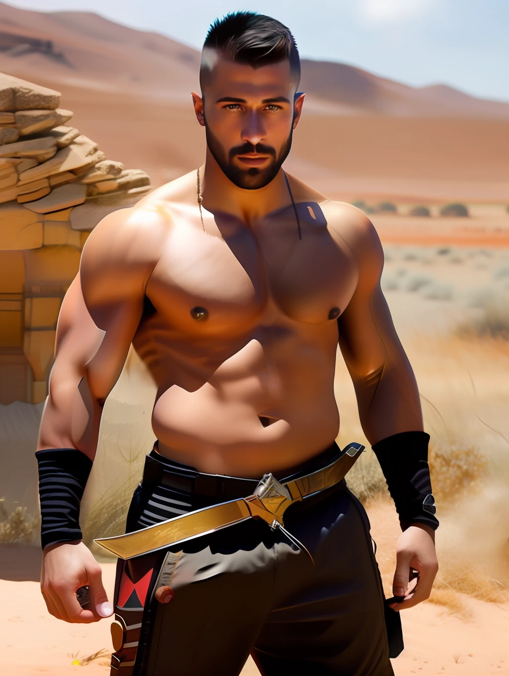fking_scifi, fking_scifi_v2, portrait of a young, muscular very handsome and attractive Gladiator warrior man, in front of a sand desert with wild animals, short messy hair, hairy body, slavery clothing, close up, regal pose and attitude. fking_cinema_v2. , very strong and fitted, very intense action, dynamic juxtaposition, a sword, fierce look, looking at the viewer, fierce look, tumblr contest winner, hurufiyya, very strong fitted and masculine, movie still, cinematic lighting. photograph, detailed symmetric realistic face, extremely detailed natural texture, peach fuzz, short messy hair, masterpiece, absurdres, nikon d850 film stock photograph, kodak portra 400 camera f1.6 lens, extremely detailed, amazing, fine detail, very intense action, hyper realistic lifelike texture, dramatic lighting, unrealengine, trending on artstation, cinestill 800 tungsten, looking at the viewer, photo realistic, RAW photo, TanvirTamim, high quality, highres, sharp focus, extremely detailed, cinematic lighting, action, 8k uhd,-imagine-