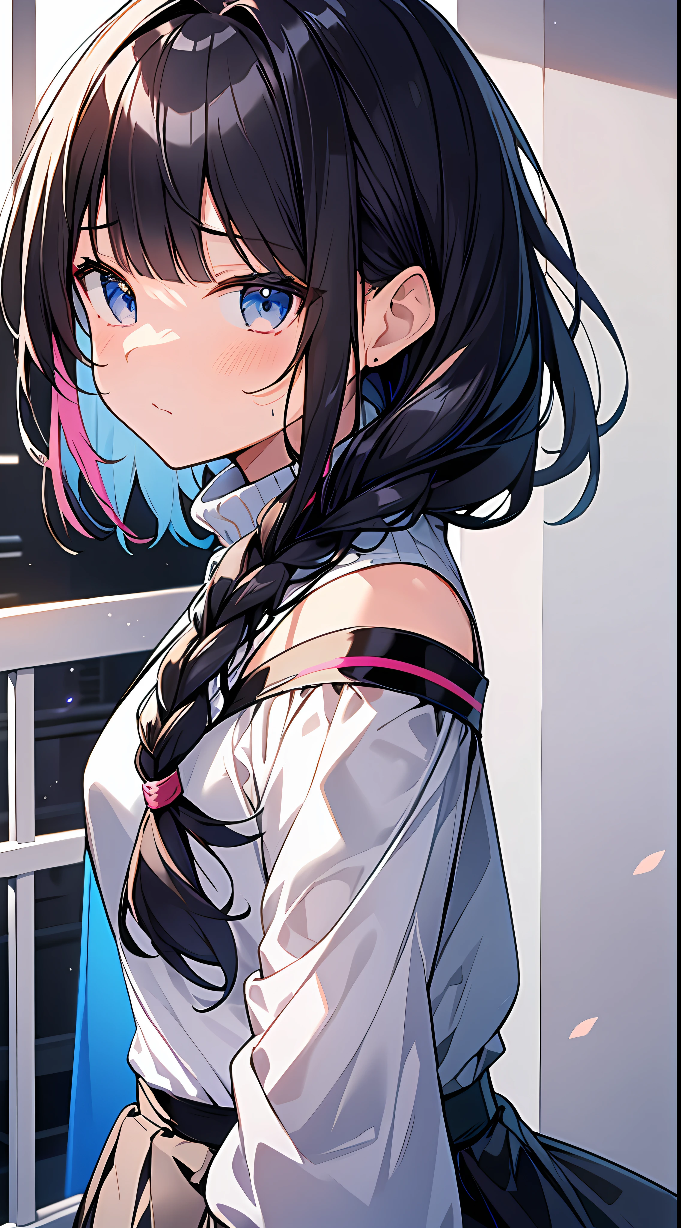 Top Quality, Masterpiece, Ultra High Resolution, 8k, Small Loli in Anime Style with White Turtleneck and White Mini Skirt, One Person, Ultra Detailed Line Art, Digital Enhancement, Anime Core, Flowing Fabric, Close Up, Hair Length to Shoulder and Short Braid, Soft Drawing, Hair Fluttering in the Wind, Beautiful Black Hair, Front Angle, Patchy Eyes, Clear Eyes, Looks Really Really weak、maximalism