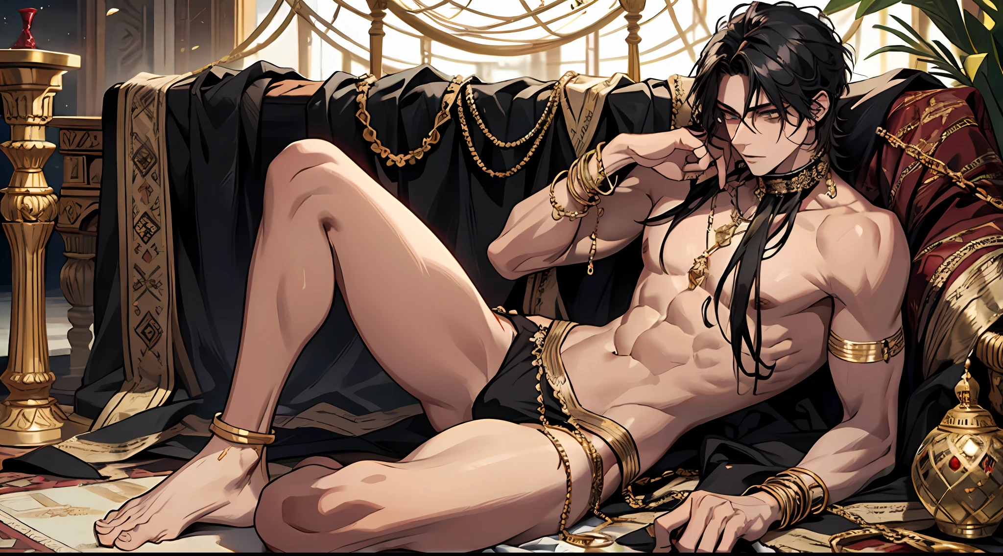 Young Men, 1boy, male, manly, prince of Persia, leaky waist, jewelry, brilliant, curly hair, black hair, dark skin, emerald eyes, gold waist chain, arm ring, thin waist, bare legs, bare feet, anklet, bracelet, ring, dynamic pose, dramatic composition, carpet, wounded, battle damage, bleeding from the corners of the mouth, kneeling, carpet, chain, collar, cage