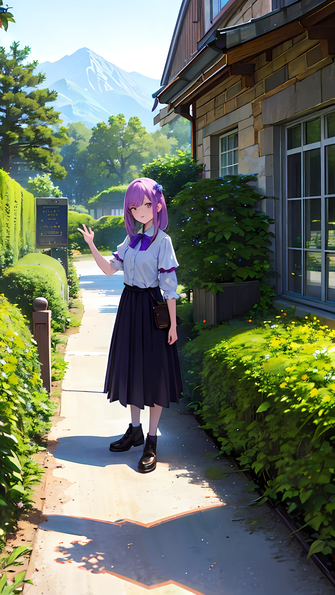 (ultra high res,photorealistic,best quality,photo-realistic),(8k,raw photo,best quality,masterplece),(photon mapping,radiosity,physically-based rendering,automatic white balance),real person,photograph,bridge, building, bush, city, cloud, day, door, fence, field,orest, garden, grass, house, hydrangea, mountain, nature, no_humans, outdoors, path, plant, potted_plant, purple_flower, road, scenery, sky, skyscraper, traditional_media, tree,