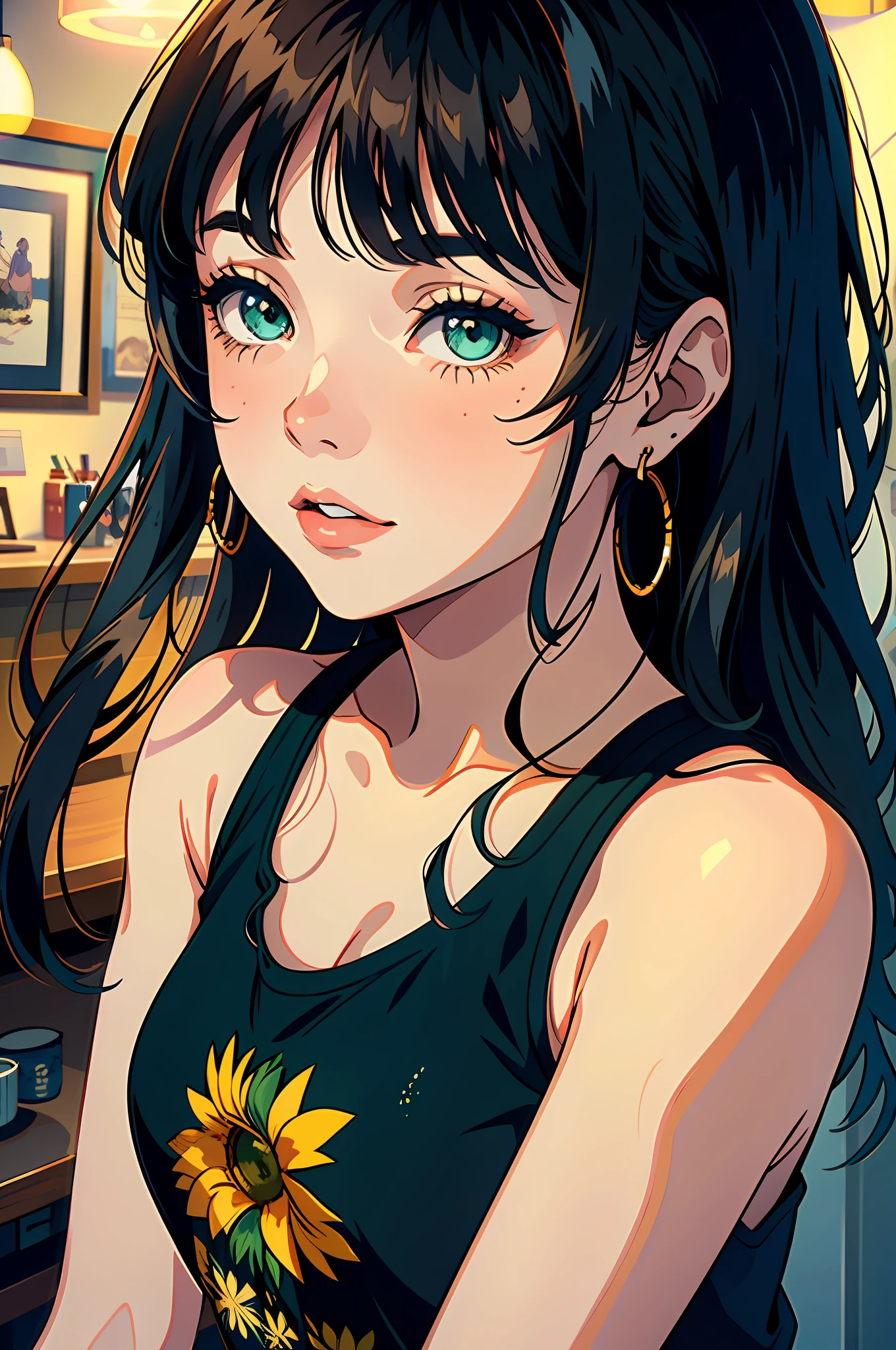A green-eyed girl with long brown hair and bangs wears a sleeveless top against a beautiful backdrop, illuminated by stunning Ultra HD studio lighting reminiscent of Paramount. Her hair outlines her face and has a flair for fashion that adds to her charm. The illustration style draws inspiration from the contemporary and energetic work of Audrey Kawasaki, who is known for her ethereal and emotional illustrations. The color palette combines warm earth tones with the pop of complementary colors to create visually appealing compositions. The camera angle captures the girl's natural and relaxed posture, showcasing her effortless beauty in a well-crafted studio setting.