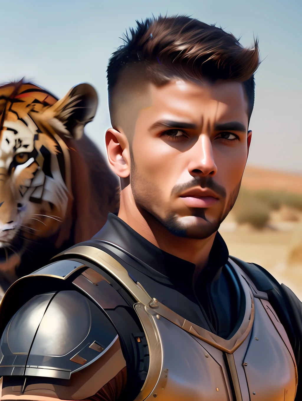 fking_scifi, fking_scifi_v2, portrait of a young, muscular very handsome and attractive Gladiator warrior man, in front of a sand desert with wild animals, short messy hair, hairy body, slavery clothing, close up, regal pose and attitude, running into a battle, fking_cinema_v2. , very strong and fitted, very intense action, dynamic juxtaposition, a sword, fierce look, looking at the viewer, fierce look, tumblr contest winner, hurufiyya, very strong fitted and masculine, movie still, cinematic lighting. photograph, detailed symmetric realistic face, extremely detailed natural texture, peach fuzz, short messy hair, masterpiece, absurdres, nikon d850 film stock photograph, kodak portra 400 camera f1.6 lens, extremely detailed, amazing, fine detail, very intense action, hyper realistic lifelike texture, dramatic lighting, unrealengine, trending on artstation, cinestill 800 tungsten, looking at the viewer, photo realistic, RAW photo, TanvirTamim, high quality, highres, sharp focus, extremely detailed, cinematic lighting, action, 8k uhd,-imagine-