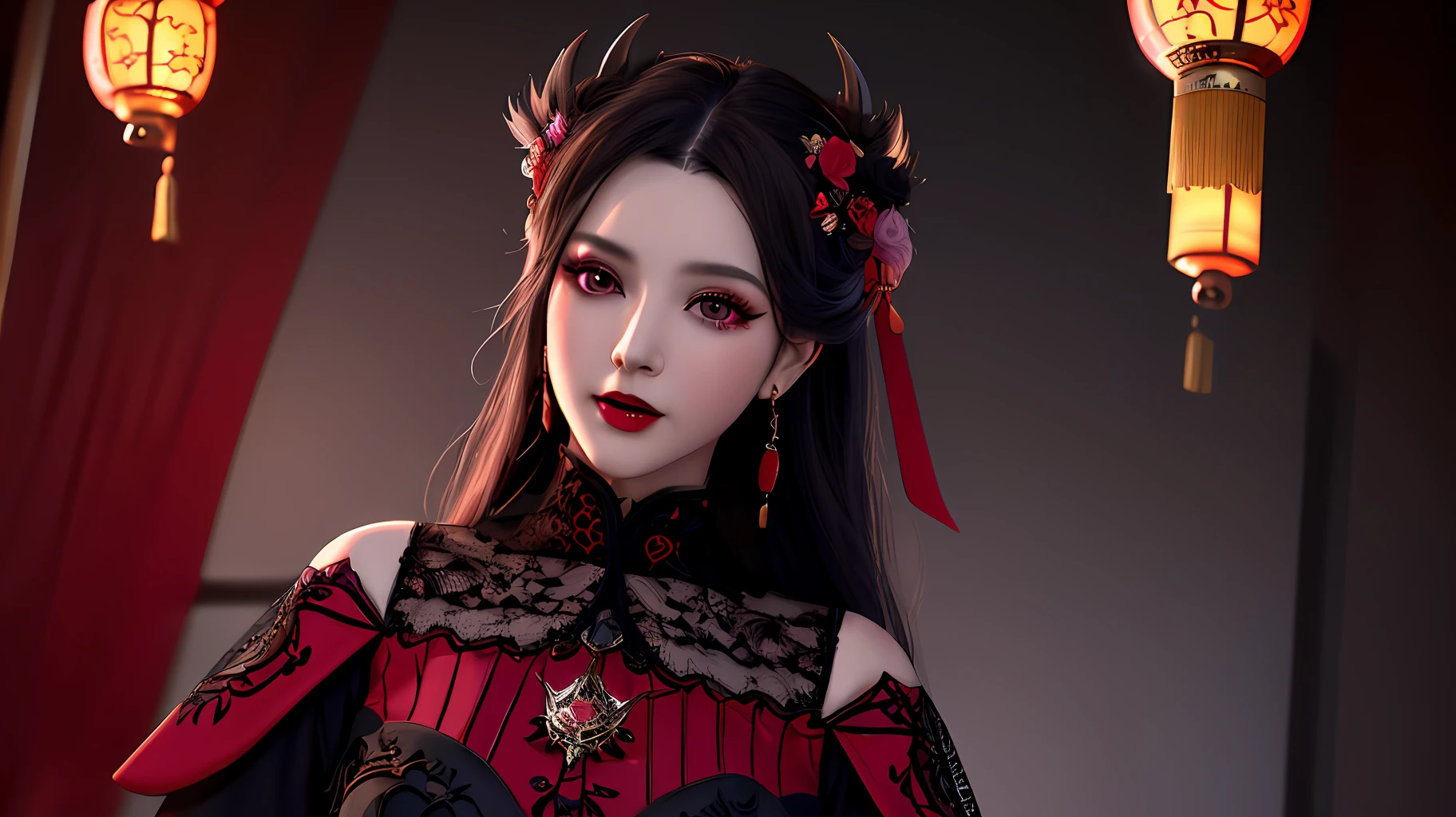 best quality, masterpiece, highres, 1girl, hanfu, white and even teeth, red irises, chinese underwear, hair ornaments, necklace, jewelry, crown jewelry. Pretty face, upper body, magic import style, tyndall effect, photo realistic, dark studio, border light, two tone light, (high detail skin: 1.2), 8k uhd, dslr , soft light, high quality, volumetric light, candid, Photo , high resolution, 4k, 8k, Bokeh, (light pink lips), 1 beautiful demon from hell, In the Dark: 1.6), surreal portraits of women by David Hockney and Alphonse Mucha, fantasy art, photorealism, dynamic lighting, station art, posters, volumetric lighting, highly detailed faces , super 8k, Awarded, in the dark, deep shadow, low light, cowboy lens, (Red phoenix shirt: 1.4), long hair, black hair, bust, luxury palace, Royal style family, devil's crown, red eyes with very sharp and detailed makeup, Best face, Very round and tight breasts, Surreal, chinese women's clothing, turtleneck polo lace top, charming smile, Beautiful eye makeup, guweiz, devil style, black lace stockings, ponytail with a bow at the back, dark red lips, Devil tattoo on shoulder, wearing a nightgown thin lace deep slit chest red black, lace cape, overcast and thunderous landscape, (Portrait), Close-up of main character, (Background detail 1.8),