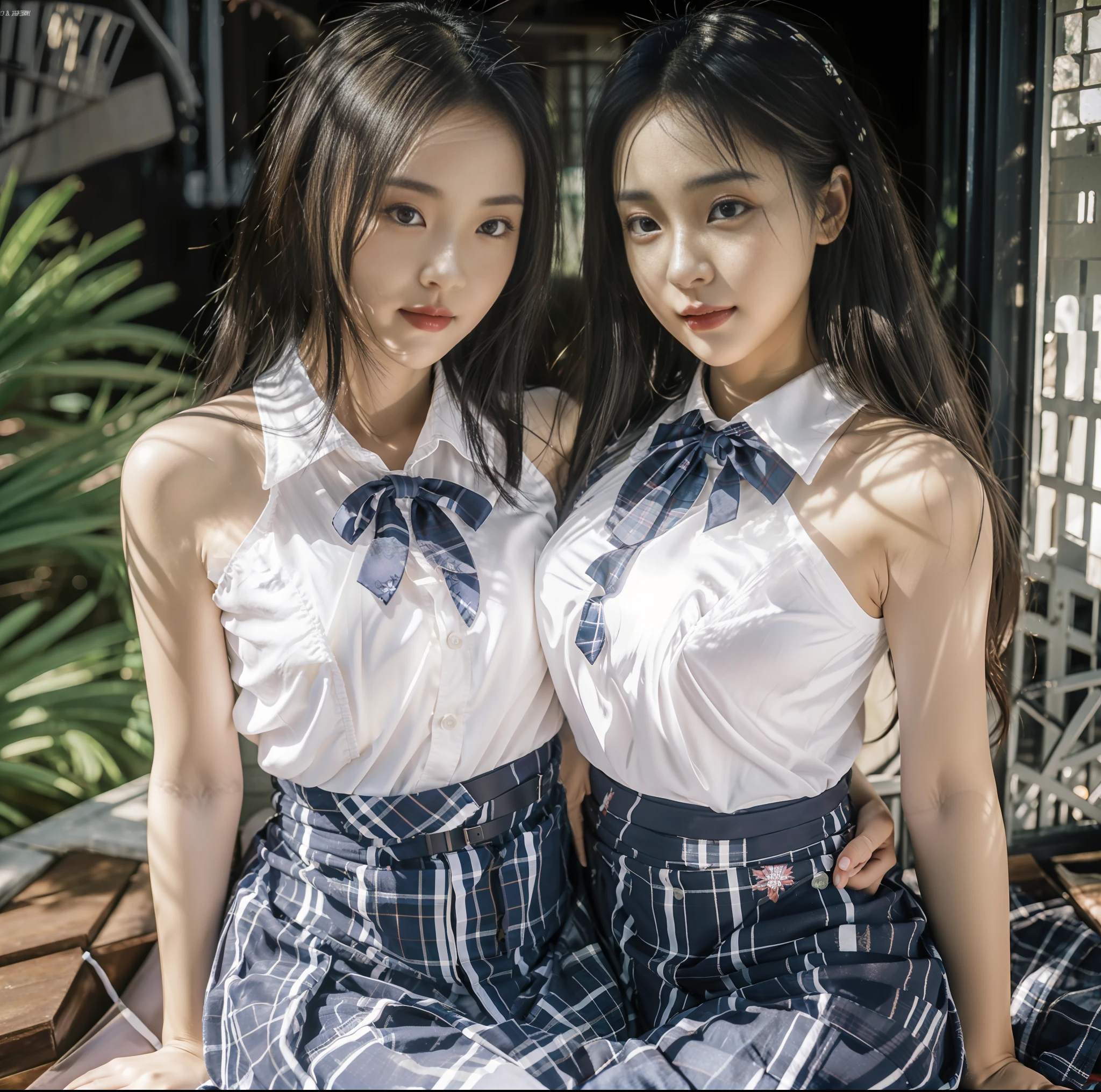 (Top Quality, Masterpiece), (Raw Photo: 1.2), (Photorealistic: 1.4), Best Quality, Master, Very Beautiful, Highly Detailed CG, 8k Wallpaper, Amazing Fine Details, Master Masterpiece, Official Art, Huge File Size, High Resolution, (Two Girls Kiss)), (One Front One Faces Each Other With Their Backs Turned),( snugly next to each other without separation between characters), (there is no break in one piece), Japan under 18, Nogizaka girl, (representation of the human body based on precise anatomy), Japan schoolgirl uniform, (neat white plain blouse of smooth sheer fabric with ribbon tie), (ultra mini navy blue tartan check pleated skirt), ( Everyone is wearing the same clothes), (tightly dressed), (less revealing upper body), (white panties), (fastening all buttons of the blouse)), blonde, (skinny), (very surprising big breasts)), ((cramped clothes)), (no bra), (only the area shows through the skin tone)), (black areolas), (small tingles), (big buttocks), ( thin thighs), (large eyes), very beautiful eyes, bright ultramarine eyes, (detailed pupils reflecting light), (the iris of the eye is painted in detail with a fine radial pattern), (the whites of the eyes are slightly darker), (the upper 30% of the eyes are shadowed), double eye lids, (eyes and mouth half-open and sleepless expression), no makeup, (nose very low and wide), natural eyebrows, Realistic shading assuming light source, cute girl and beauty, (whitening skin), baby face, smile, long hair in half, cuddling, cheeks sticking together, arms crossed like lovers, looking at the other person, plucking the part of the clothes, frame-in from the thighs up, beautiful garden with flowers, dark cloudy sky,