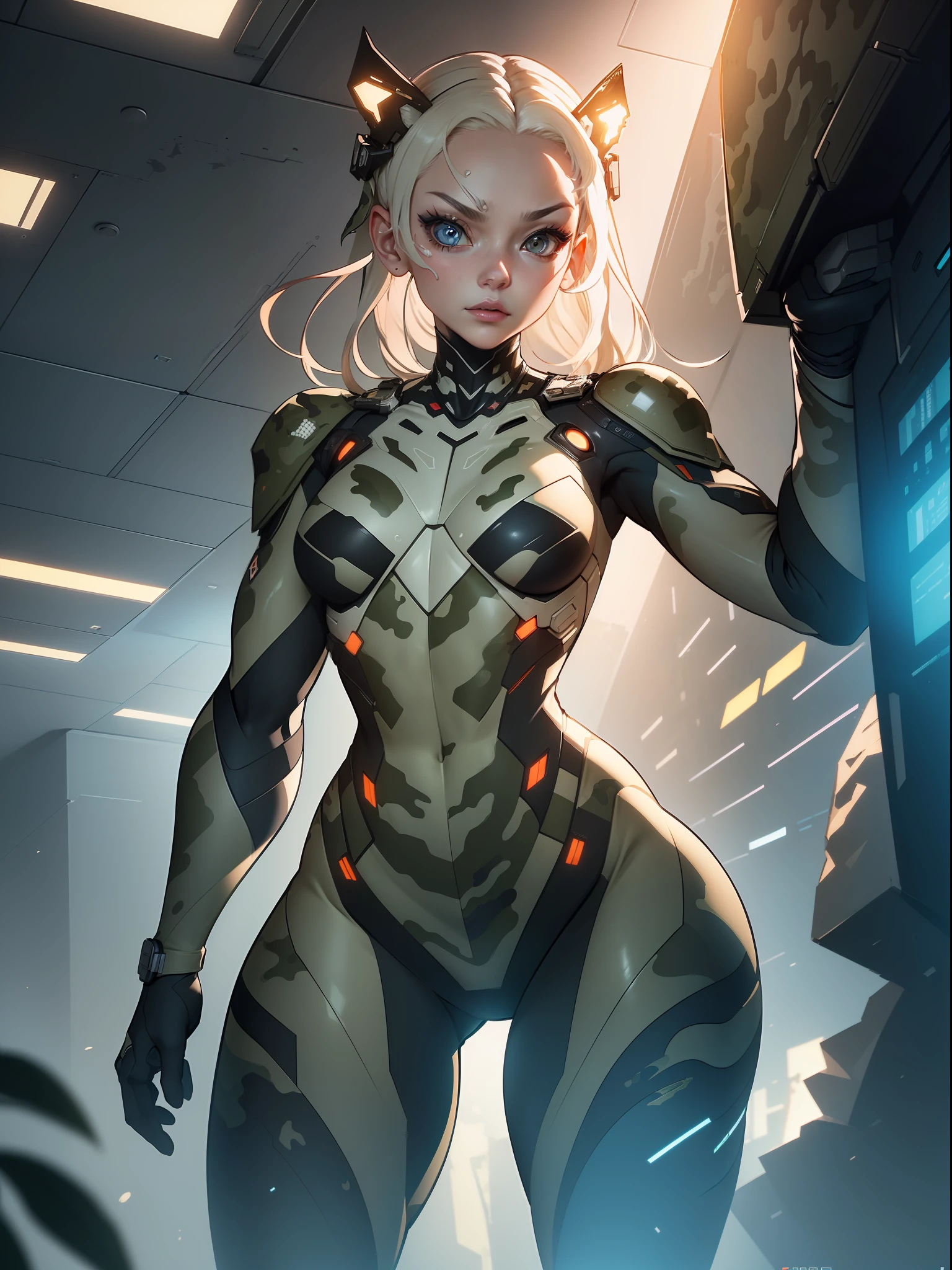(((Military camouflaged pattern))), ((Best quality)), ((masterpiece)), (detailed: 1.4), (Absurd), paper, colorful line art, perfect face, girl, technological mask with oozy painting of a white skull, graffitti , shiny tanned skin, sweaty, muscular sculptural body defined, (((whole body))), half thick naked thighs, closed mouth, muscular body camouflaged fabric mechanics overalls and silver open to the navel, generous neckline, ((perfect small breasts)), ((fully camouflaged khaki clothing)), (((ivory hair with moth))), long eyelashes and black heavy makeup, (((niji style --V5)))), close to real, psychopathic, crazy face, sexy pose, technological background giant robot repair station, jaggers, 2 pieces clothing, centralized, scale to fit dimensions, HDR (High Dynamic Range),Ray Tracing,NVIDIA RTX, Super-Resolution,Unreal 5,Subsurface Dispersion, PBR Texture, Post-processing, Anisotropic Filtering, Depth of Field, Maximum Clarity and Sharpness, Multilayer Textures, Albedo and Specular Maps, Surface Shading, Accurate Simulation of Light-Material Interaction, Perfect Proportions, Octane Render, Two-Tone Lighting, Wide Aperture, Low ISO, White Balance, Rule of Thirds, 8K RAW, Crysisnanosuit