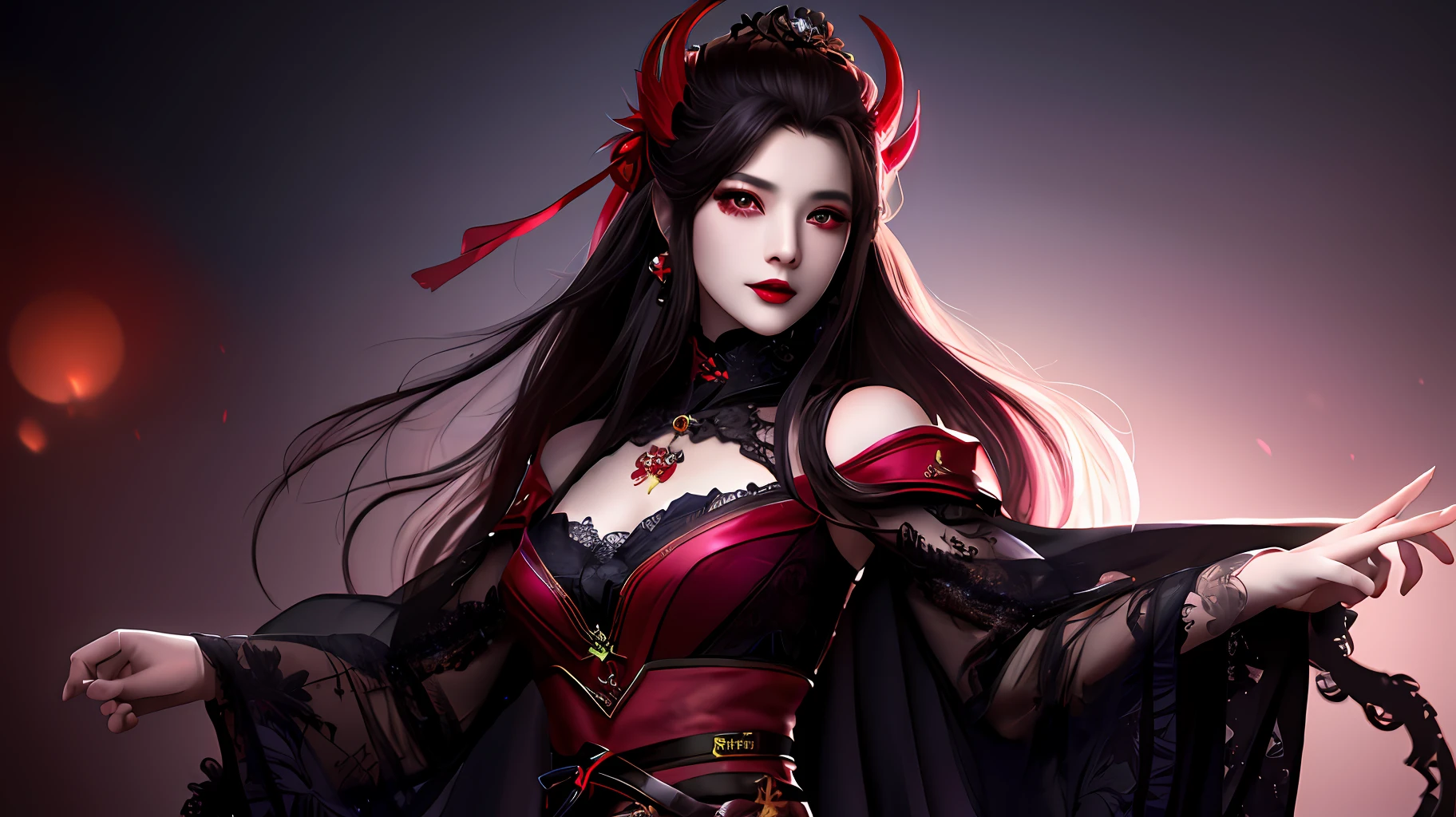 best quality, masterpiece, highres, 1girl, hanfu, white and even teeth, red irises, chinese underwear, hair ornaments, necklace, jewelry, crown jewelry. Pretty face, upper body, magic import style, tyndall effect, photo realistic, dark studio, border light, two tone light, (high detail skin: 1.2), 8k uhd, dslr , soft light, high quality, volumetric light, candid, Photo , high resolution, 4k, 8k, Bokeh, (light pink lips), 1 beautiful demon from hell, In the Dark: 1.6), surreal portraits of women by David Hockney and Alphonse Mucha, fantasy art, photorealism, dynamic lighting, station art, posters, volumetric lighting, highly detailed faces , super 8k, Awarded, in the dark, deep shadow, low light, cowboy lens, (Red phoenix shirt: 1.4), long hair, black hair, bust, luxury palace, Royal style family, devil's crown, red eyes with very sharp and detailed makeup, Best face, Very round and tight breasts, Surreal, chinese women's clothing, turtleneck polo lace top, charming smile, Beautiful eye makeup, guweiz, devil style, black lace stockings, ponytail with a bow at the back, dark red lips, Devil tattoo on shoulder, wearing a nightgown thin lace deep slit chest red black, lace cape, overcast and thunderous landscape, (Portrait), Close-up of main character, (Background detail 1.8),