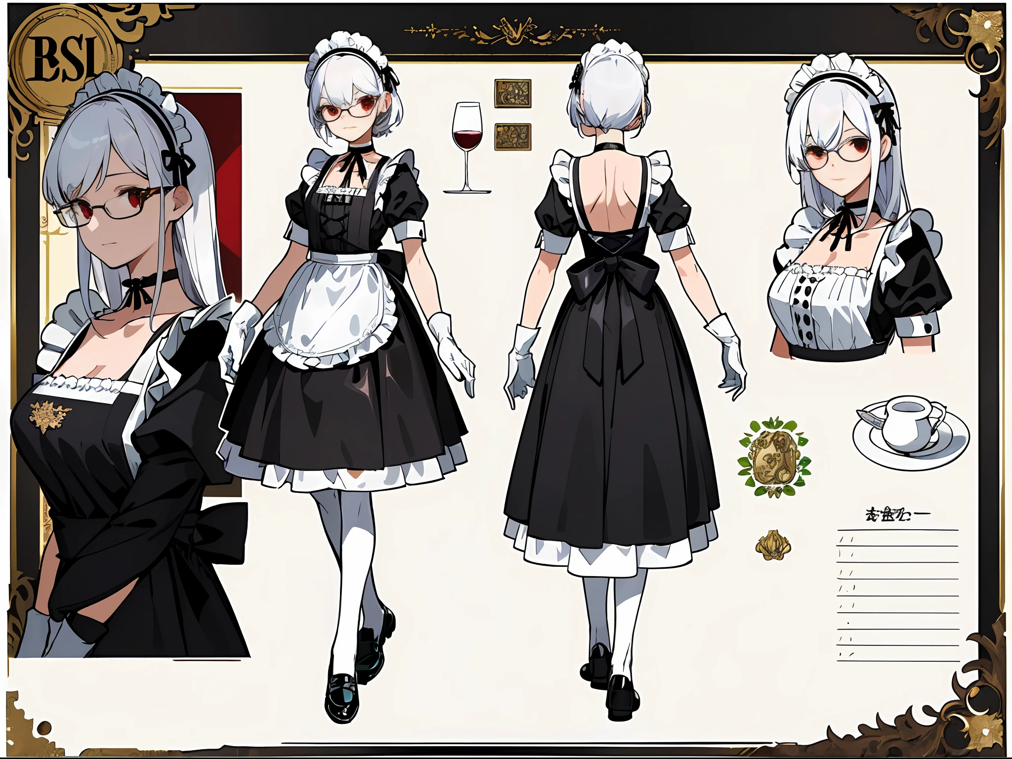 (Masterpiece, best quality) detailed, character sheet, character sheet, many items (the same person, maid headdress, maid apron, choker, black leather shoes, white gloves, wine glasses, plates, decorations, many parts), maid, carefully good-looking red eyes, perfectly good-looking face, white hair, bangs, full of details,