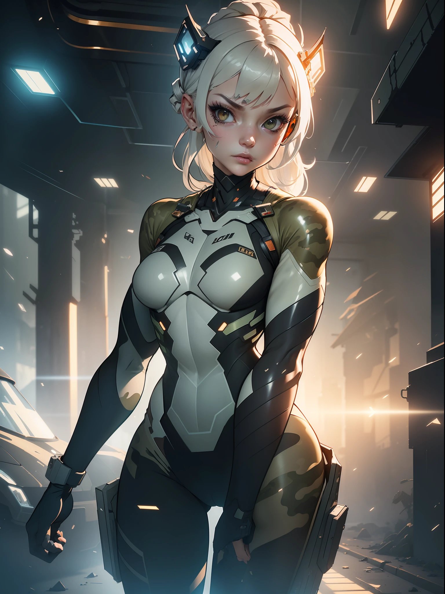 (((Military camouflaged pattern))), ((Best quality)), ((masterpiece)), (detailed: 1.4), (Absurd), paper, colorful line art, perfect face, girl, technological mask with oozy painting of a white skull, graffitti , shiny tanned skin, sweaty, muscular sculptural body defined, (((whole body))), half thick naked thighs, closed mouth, muscular body camouflaged fabric mechanics overalls and silver open to the navel,  generous neckline, ((perfect small breasts)), ((fully camouflaged khaki clothing)), (((ivory hair with moth))), long eyelashes and black heavy makeup, (((niji style --V5)))), close to real, psychopathic, crazy face, sexy pose, technological background giant robot repair station, jaggers, 2 pieces clothing, centralized, scale to fit dimensions, HDR (High Dynamic Range),Ray Tracing,NVIDIA RTX, Super-Resolution,Unreal 5,Subsurface Dispersion, PBR Texture, Post-processing, Anisotropic Filtering, Depth of Field, Maximum Clarity and Sharpness, Multilayer Textures, Albedo and Specular Maps, Surface Shading, Accurate Simulation of Light-Material Interaction, Perfect Proportions, Octane Render, Two-Tone Lighting, Wide Aperture, Low ISO, White Balance, Rule of Thirds, 8K RAW, Crysisnanosuit