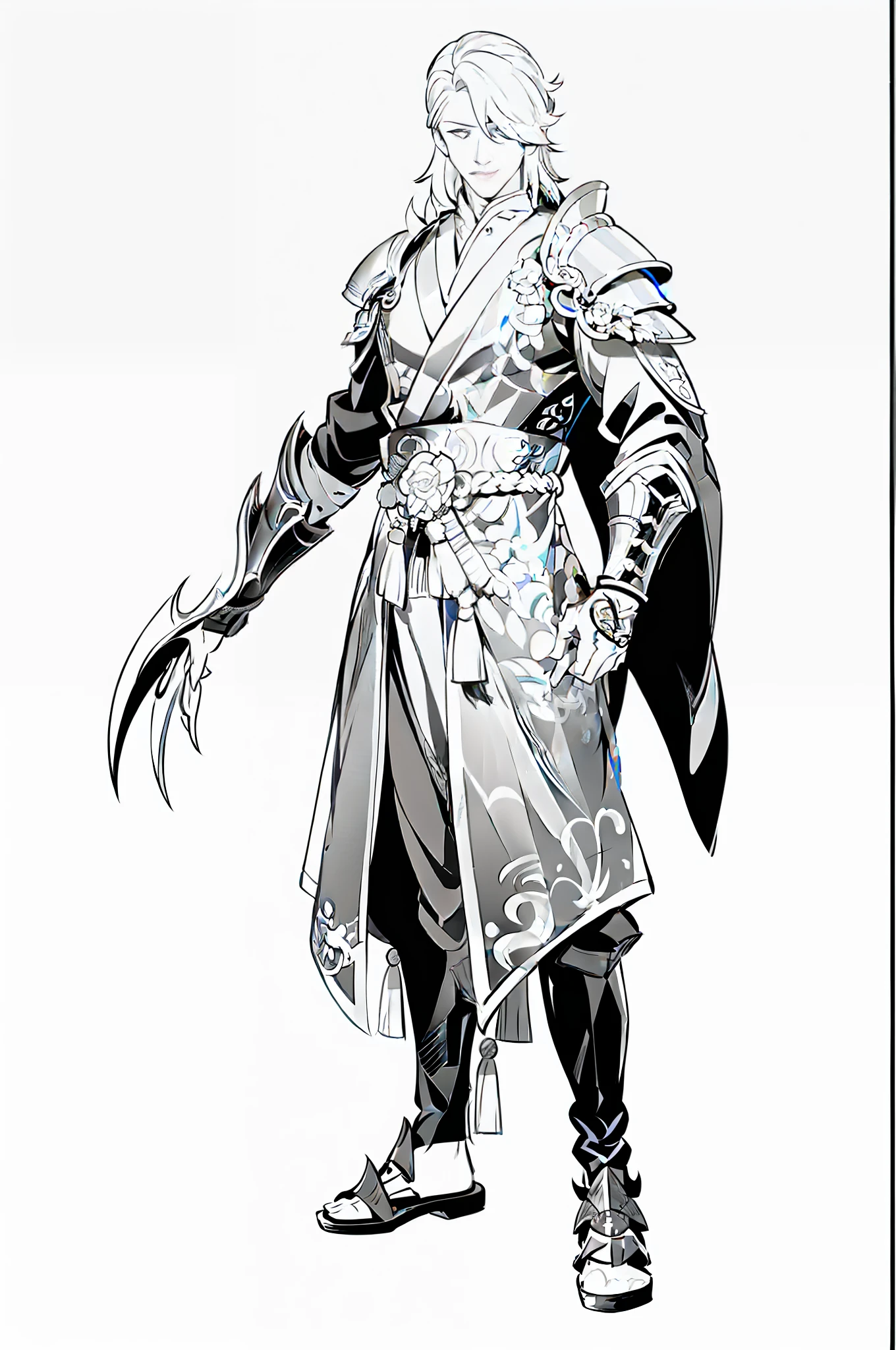 A man in a robe. With claw sleeve and wrist armor, armor on the shoulder, painting clean line art, medium long hair, Chinese pattern, detailed full body concept, full body concept, line, monochrome