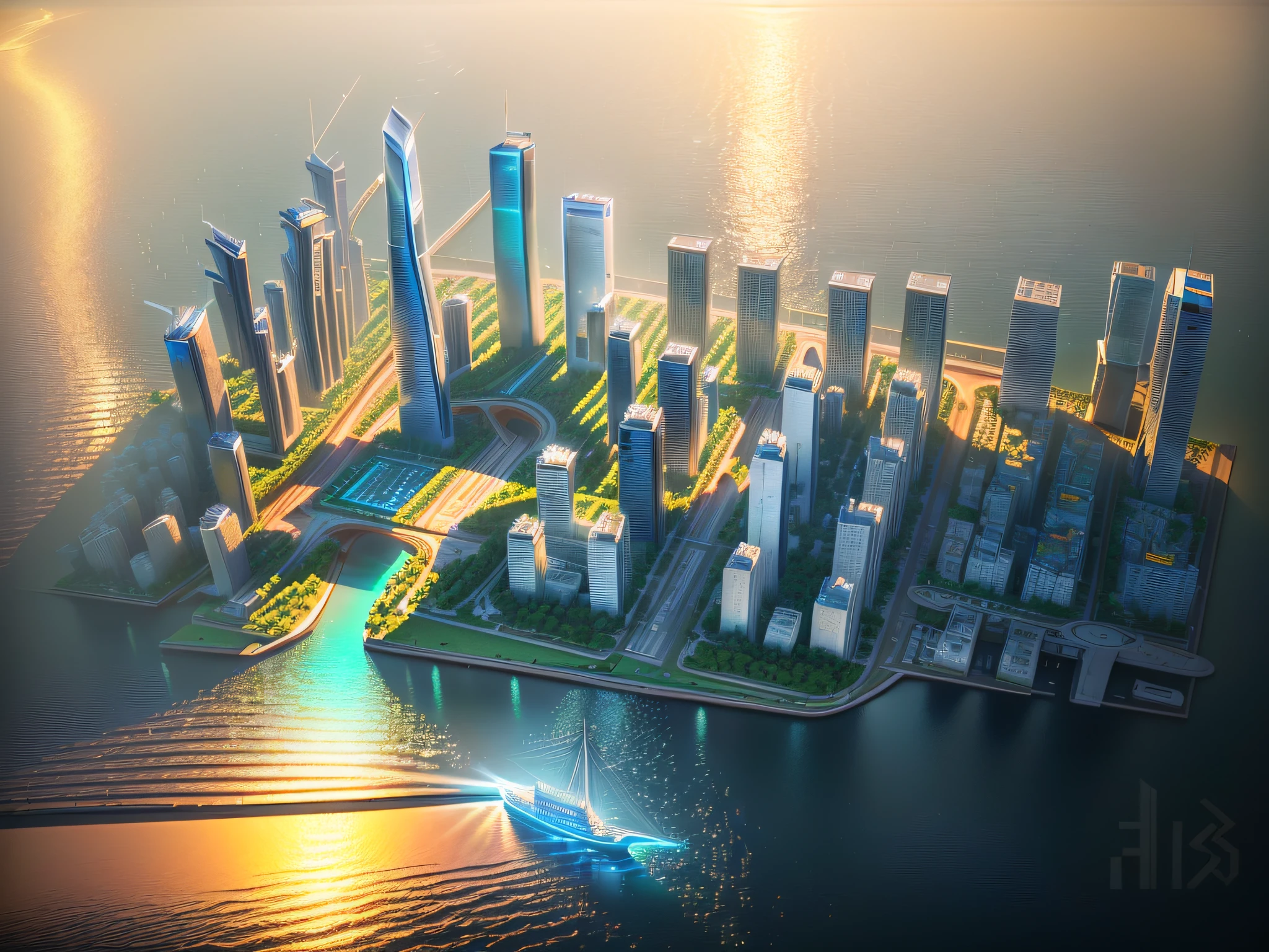 3D Model HD Rendering, Architectural Rendering, Right Angle Isometric View, 45 Degree Angle, High Detail, Cinematic, Global Illumination, Realistic Lighting, Unreal Engine Rendering, Substance 3D, Octane Rendering, (HDR: 1.3), there is a big city with a ship in the middle, Guangzhou, city, mixed development, ultra-fine, ultra-realistic, meticulous, port city, tropical coastal city, super detailed, with high detail, beautiful future city, super detailed, office building, glass curtain wall, there is an island in the city, there are trees on the island, there are tall buildings on the island, greenery, trees, roads surround the city, the city at night, the office building has lights