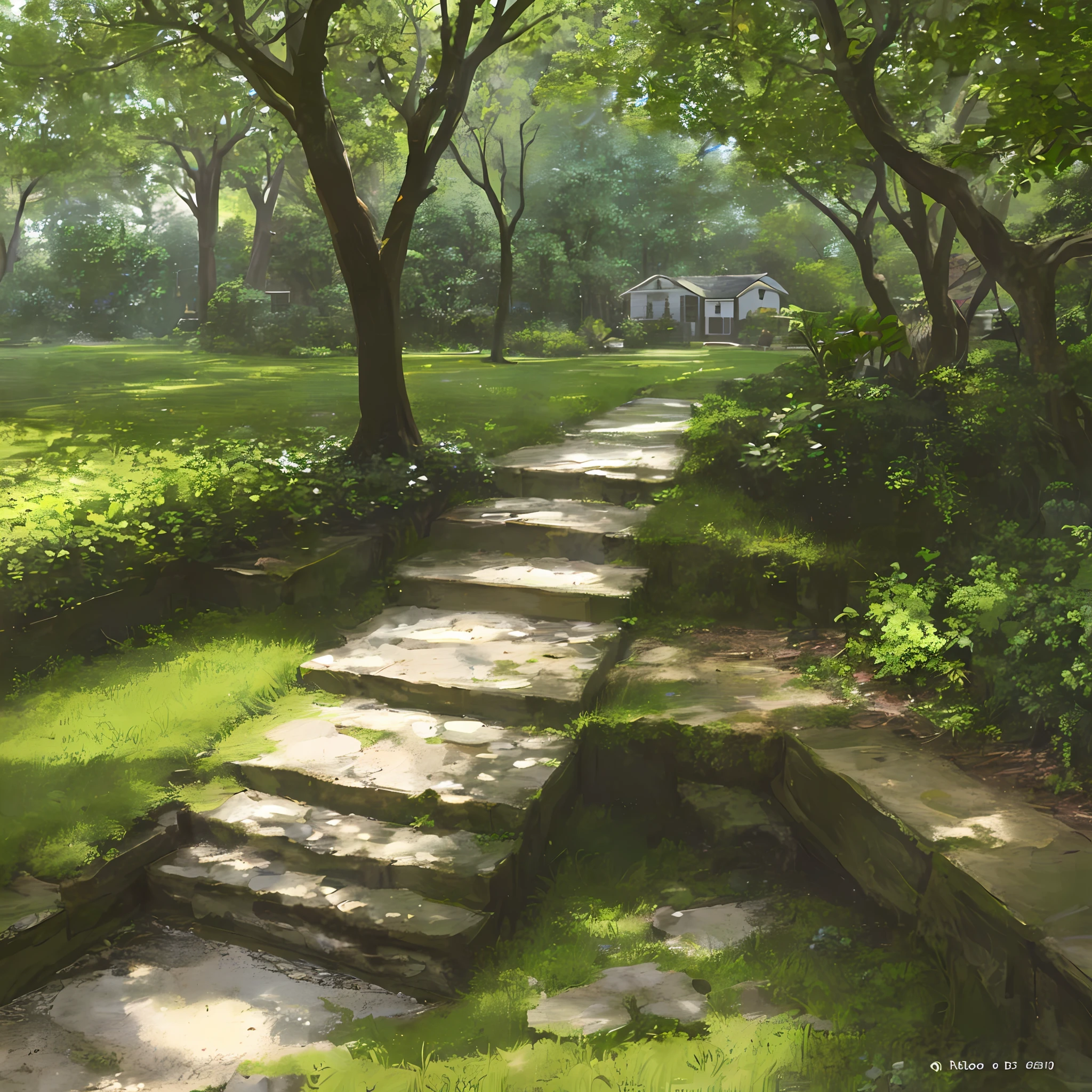(Best quality)), (no photos of people), in the backyard of the house, leafy trees, pebbles, small flowers , moss, clarity, softness, calm
