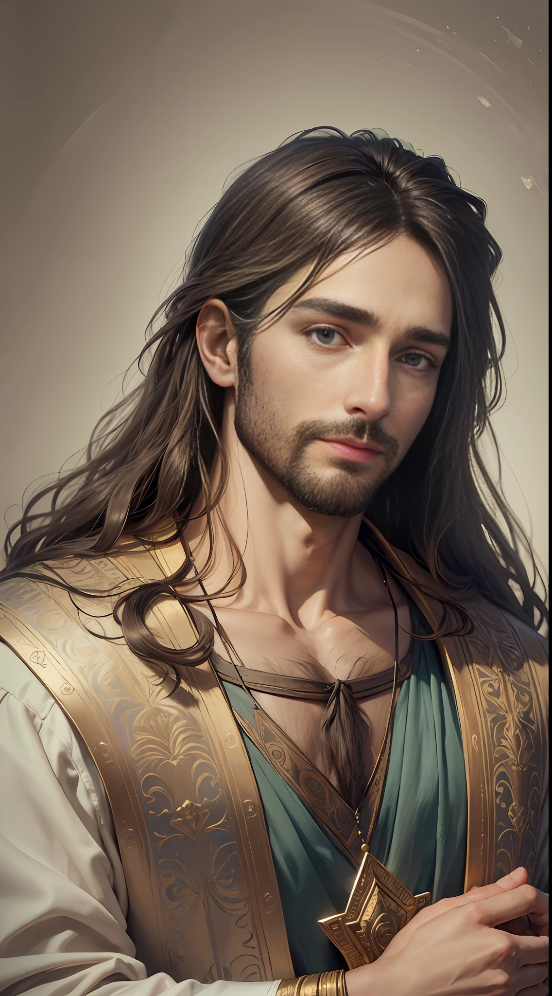 Adult male, depicting the beauty, serenity and divinity of Jesus. Best quality, high resolution, masterpiece, best detail, 8k, close-up, to create a simple and unique image, .create art that touches the heart and inspires a deep spiritual connection --auto --s2