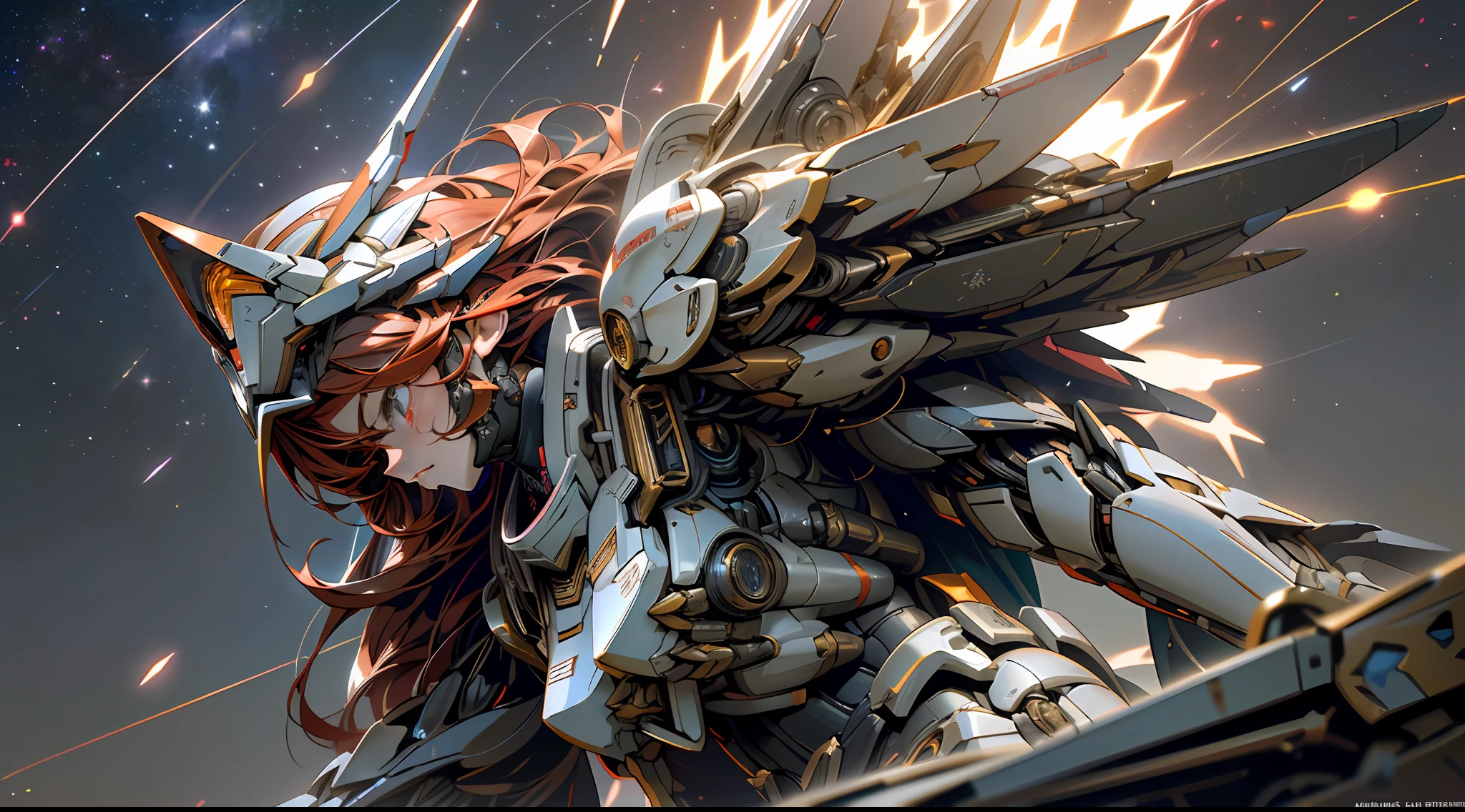 (Face close-up) ((Left and right symmetry)) (Gundam) (Gundam mech) (direct view camera) ((Head close-up)) ((Maiden's face))(Red hair)(((Dark starry sky in the background))(Starlight)(Point of Light)(Red Mecha)(Red Warframe)(Maiden Wears Complex Helmet),,Digital Art,Anime Mecha Aesthetics,Cyberpunk Anime Girl Mecha,Girl in Mecha Network Armor,Mecha Aesthetics,