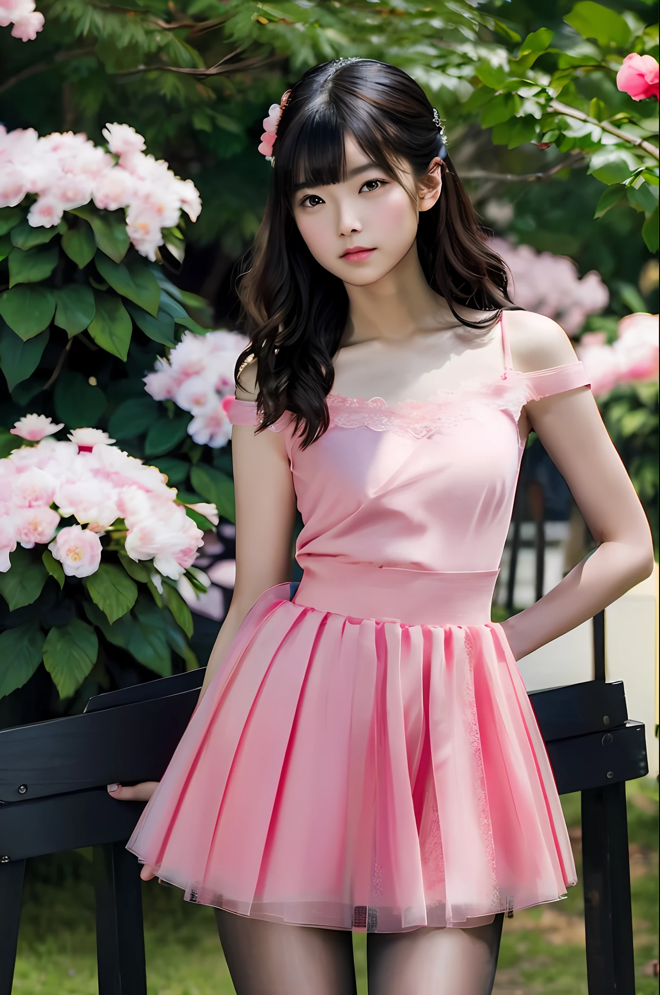 movie portrait photography, 1girl, correct body structure, perfect body, fair skin, pretty face, detailed face, blush, face, maid hair accessories, charming body, slim, wide hips, thin waist, no clothes, black bra, black lace panties, busty with deep, black pantyhose, long legs, no skirt, stockings, thigh stockings, standing on bench with full body photo, leg focus, fair skin with bare shoulder length, serene, calm, (realistic details, natural skin texture, Realistic Face Details), Soft Dramatic Lighting, Depth of Field, Bokeh, Vibble Detail, Fine Detail, Surrealism, 35mm Film, Hazy Blur, Film, 16k, Peony, Rose, Cherry Blossom, Rainforest, Lots of Flowers, Juice:1.3)