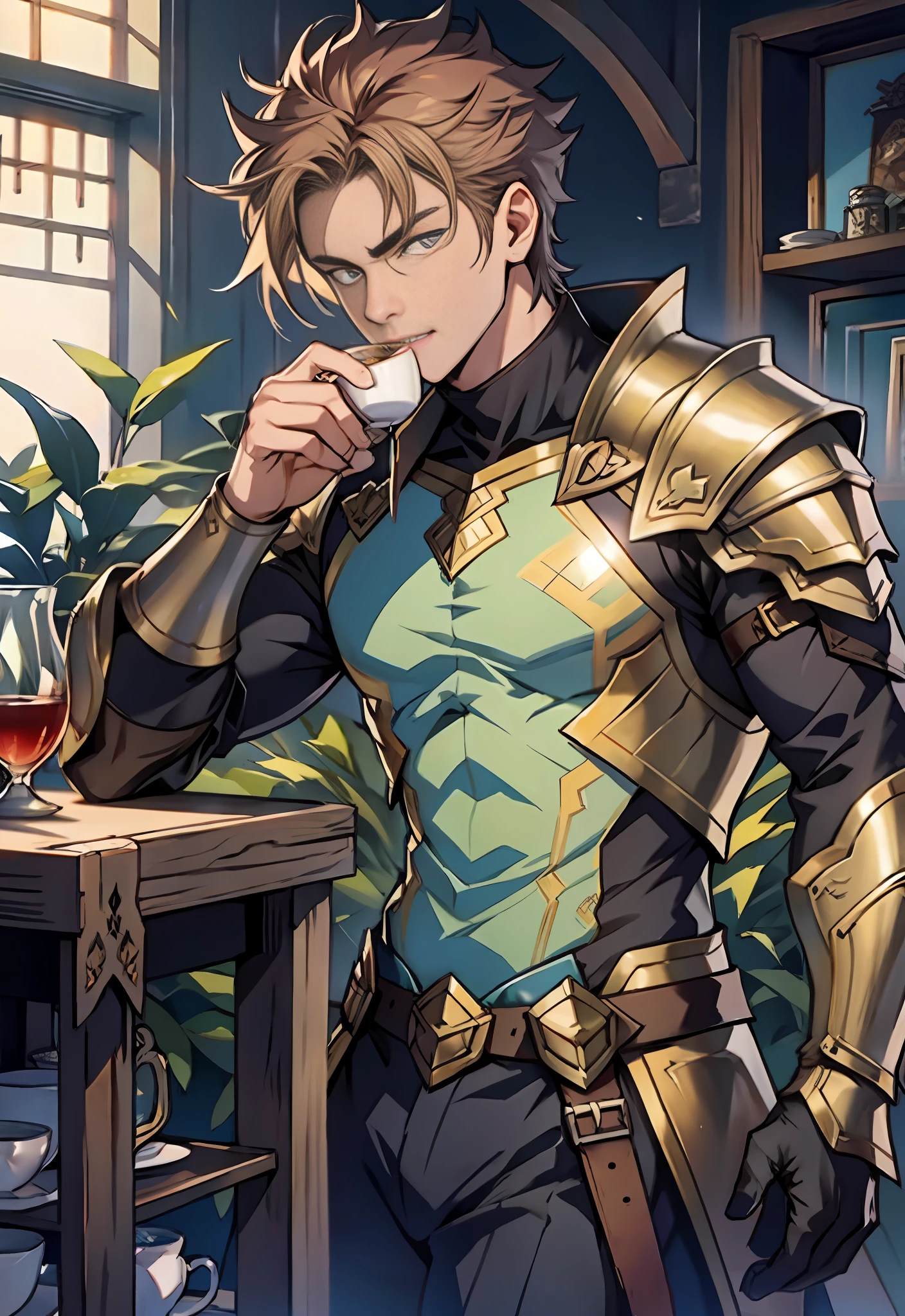 Male:1.0, 18 years old, Rpg style, stand, drinking cup of tea, half body, detail head armour, glass of tea near mouth