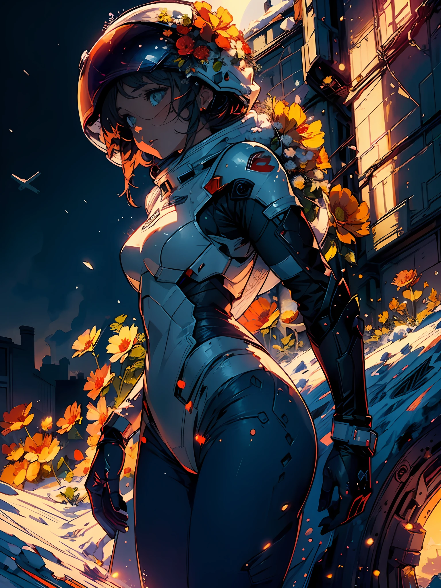 masterpiece, hyperdetail, Illustrations, dynamic angle, 1 girl, (solo), (wearing aerospace suit helmet), wedding dress, full body, outdoor, sunset, (snow, snowstorm:1.2), ruins, big red moon, third person, (withe flower:1.5), illustration, vivd color, cinematic lighting,