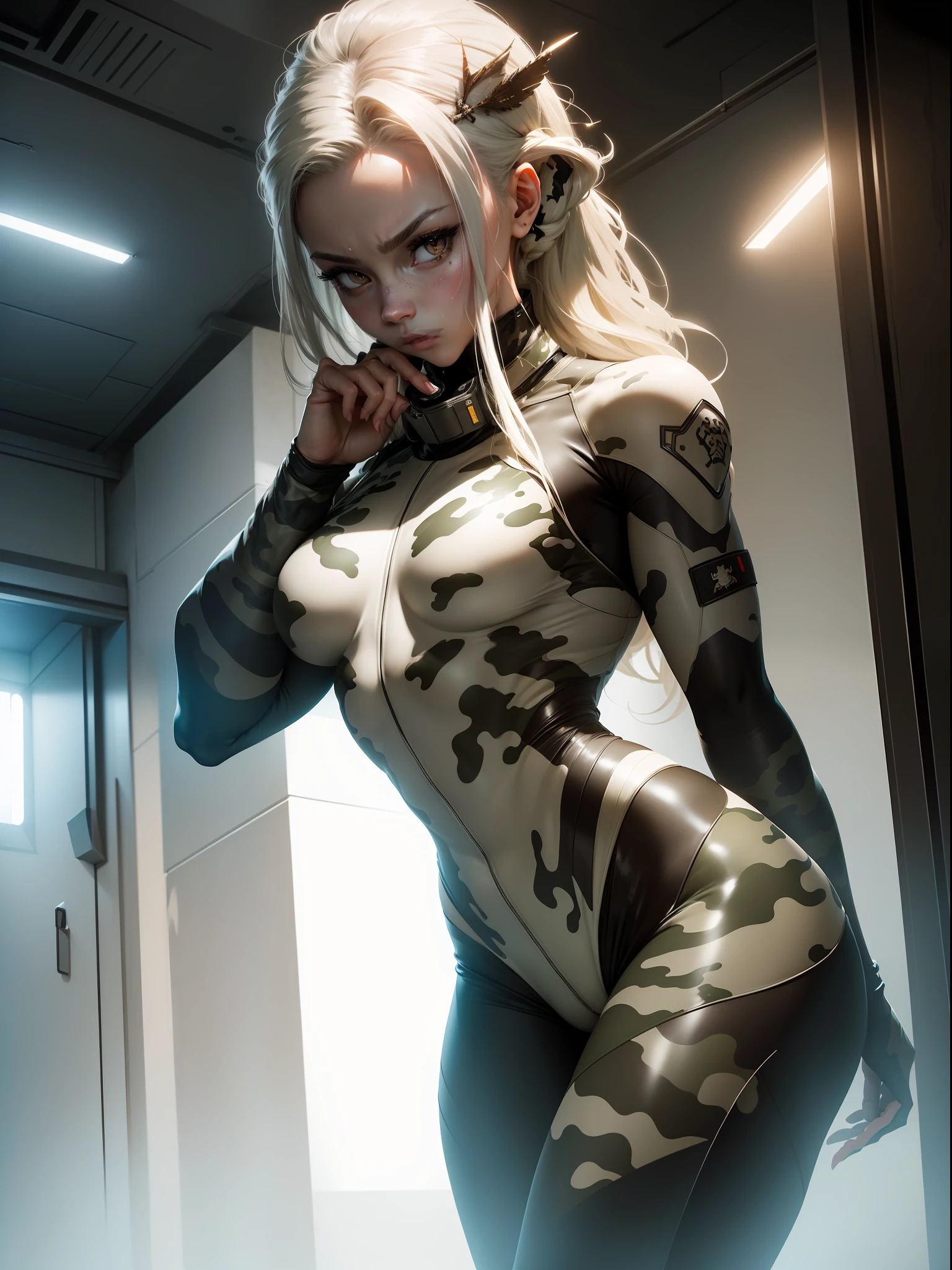 (((Military camouflaged pattern))), ((Best quality)), ((masterpiece)), (detailed: 1.4), (Absurd), paper, colorful line art, perfect face, girl, technological mask with oozy painting of a white skull, graffitti , shiny tanned skin, sweaty, muscular sculptural body defined, (((whole body))), half thick naked thighs, closed mouth, muscular body camouflaged fabric mechanics overalls and silver open to the navel, generous neckline, ((perfect small breasts)), ((fully camouflaged khaki clothing)), (((ivory hair with moth))), long eyelashes and black heavy makeup, (((niji style --V5)))), close to real, psychopathic, crazy face, sexy pose, technological background giant robot repair station, jaggers, 2 pieces clothing, centralized, scale to fit dimensions, HDR (High Dynamic Range),Ray Tracing,NVIDIA RTX, Super-Resolution,Unreal 5,Subsurface Dispersion, PBR Texture, Post-processing, Anisotropic Filtering, Depth of Field, Maximum Clarity and Sharpness, Multilayer Textures, Albedo and Specular Maps, Surface Shading, Accurate Simulation of Light-Material Interaction, Perfect Proportions, Octane Render, Two-Tone Lighting, Wide Aperture, Low ISO, White Balance, Rule of Thirds, 8K RAW, Crysisnanosuit