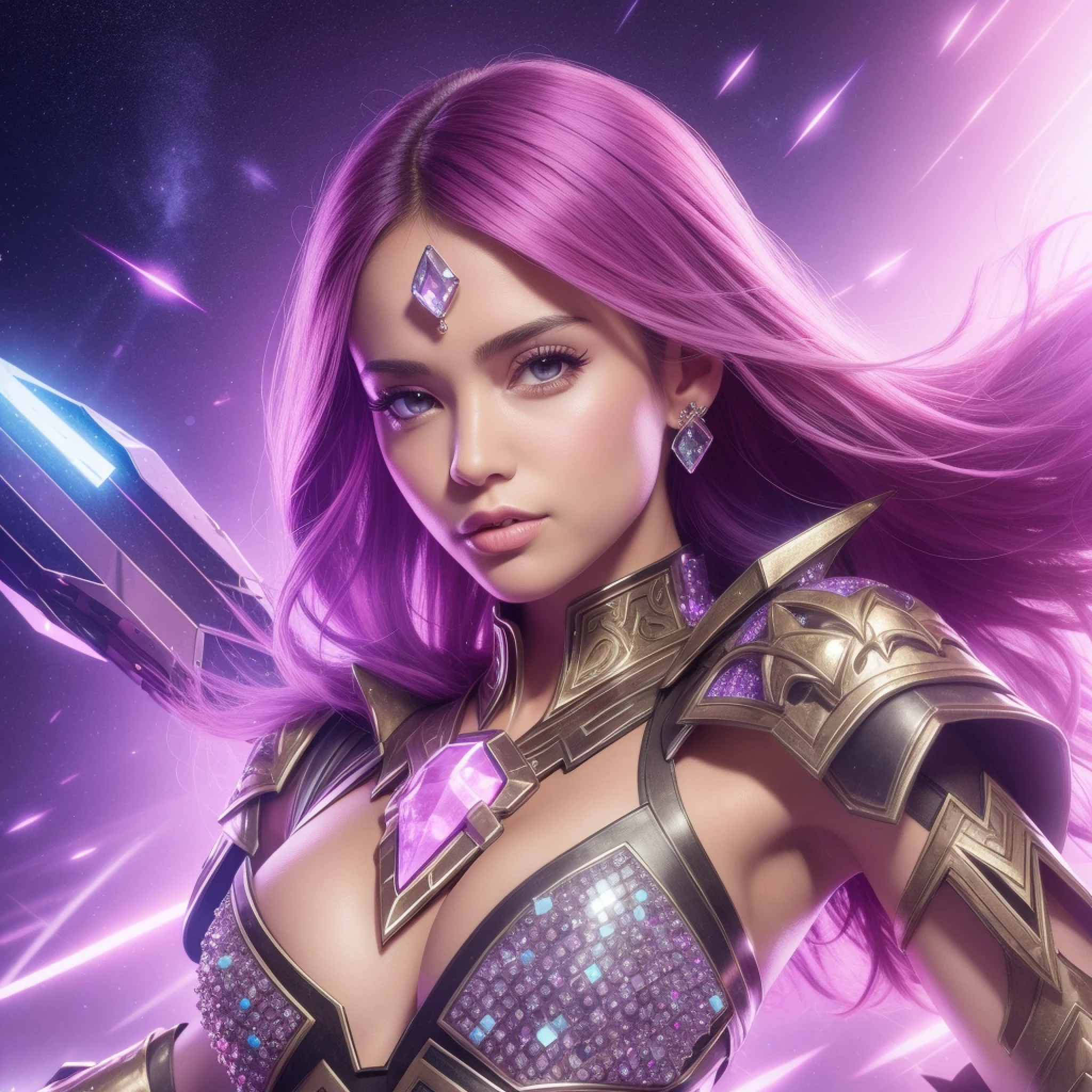 girl, with futuristic clothing, crystals, gauntlet on one arm large, photorealistic, professional portrait