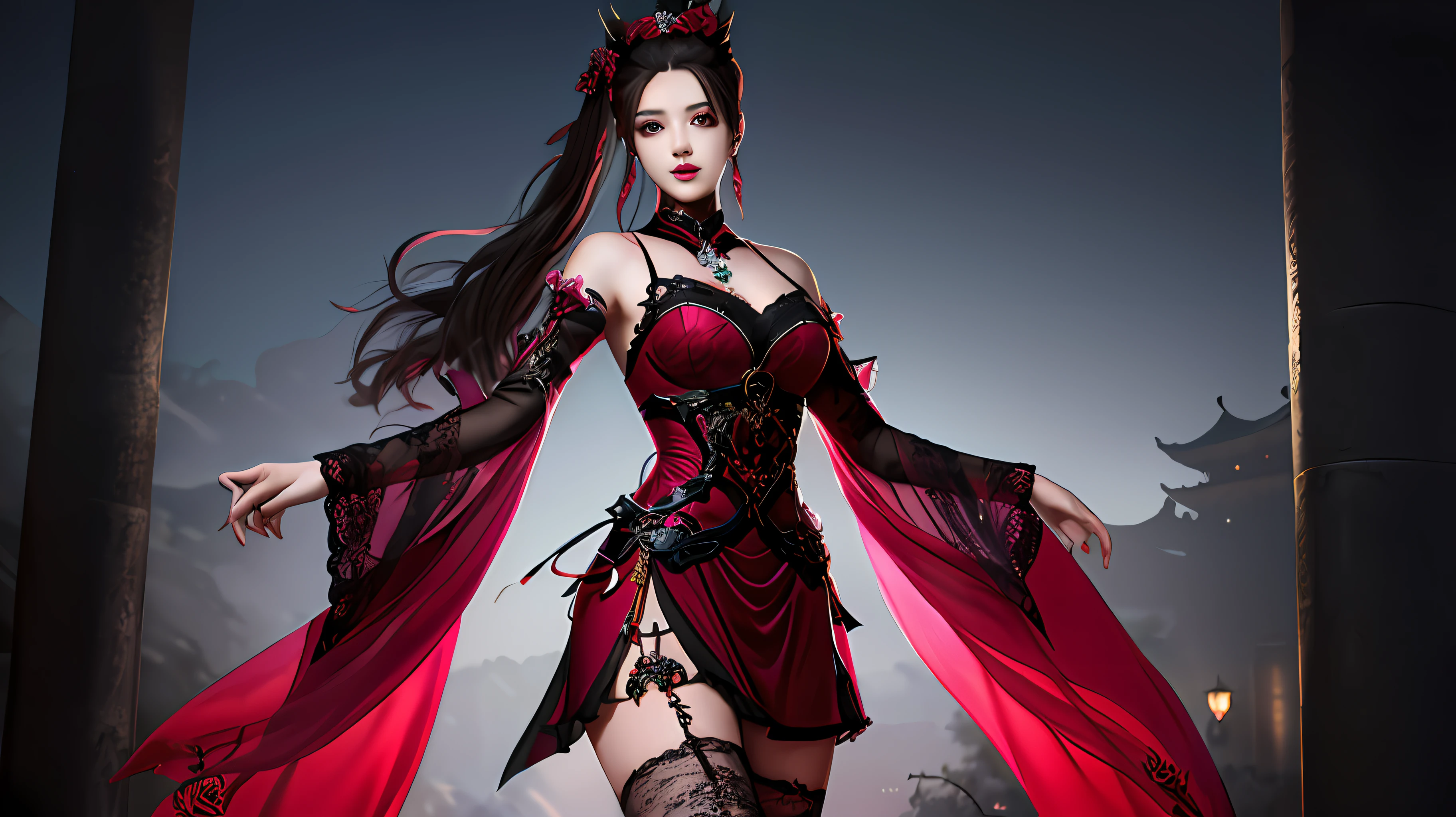 best quality, masterpiece, highres, 1girl, hanfu, white and even teeth, red irises, chinese underwear, hair ornaments, necklace, jewelry, crown jewelry. Pretty face, upper body, magic import style, tyndall effect, photo realistic, dark studio, border light, two tone light, (high detail skin: 1.2), 8k uhd, dslr , soft light, high quality, volumetric light, candid, Photo , high resolution, 4k, 8k, Bokeh, (light pink lips), 1 beautiful demon from hell, In the Dark: 1.6), surreal portraits of women by David Hockney and Alphonse Mucha, fantasy art, photorealism, dynamic lighting, station art, posters, volumetric lighting, highly detailed faces , super 8k, Awarded, in the dark, deep shadow, low light, cowboy lens, (Red phoenix shirt: 1.4), long hair, black hair, bust, luxury palace, Royal style family, devil's crown, red eyes with very sharp and detailed makeup, Best face, Very round and tight breasts, Surreal, chinese women's clothing, turtleneck polo lace top, charming smile, Beautiful eye makeup, guweiz, devil style, black lace stockings, ponytail with a bow at the back, dark red lips, Devil tattoo on shoulder, wearing a nightgown thin lace deep slit chest red black, lace cape, overcast and thunderous landscape, (Portrait), Close-up of main character, (Background detail 1.8),