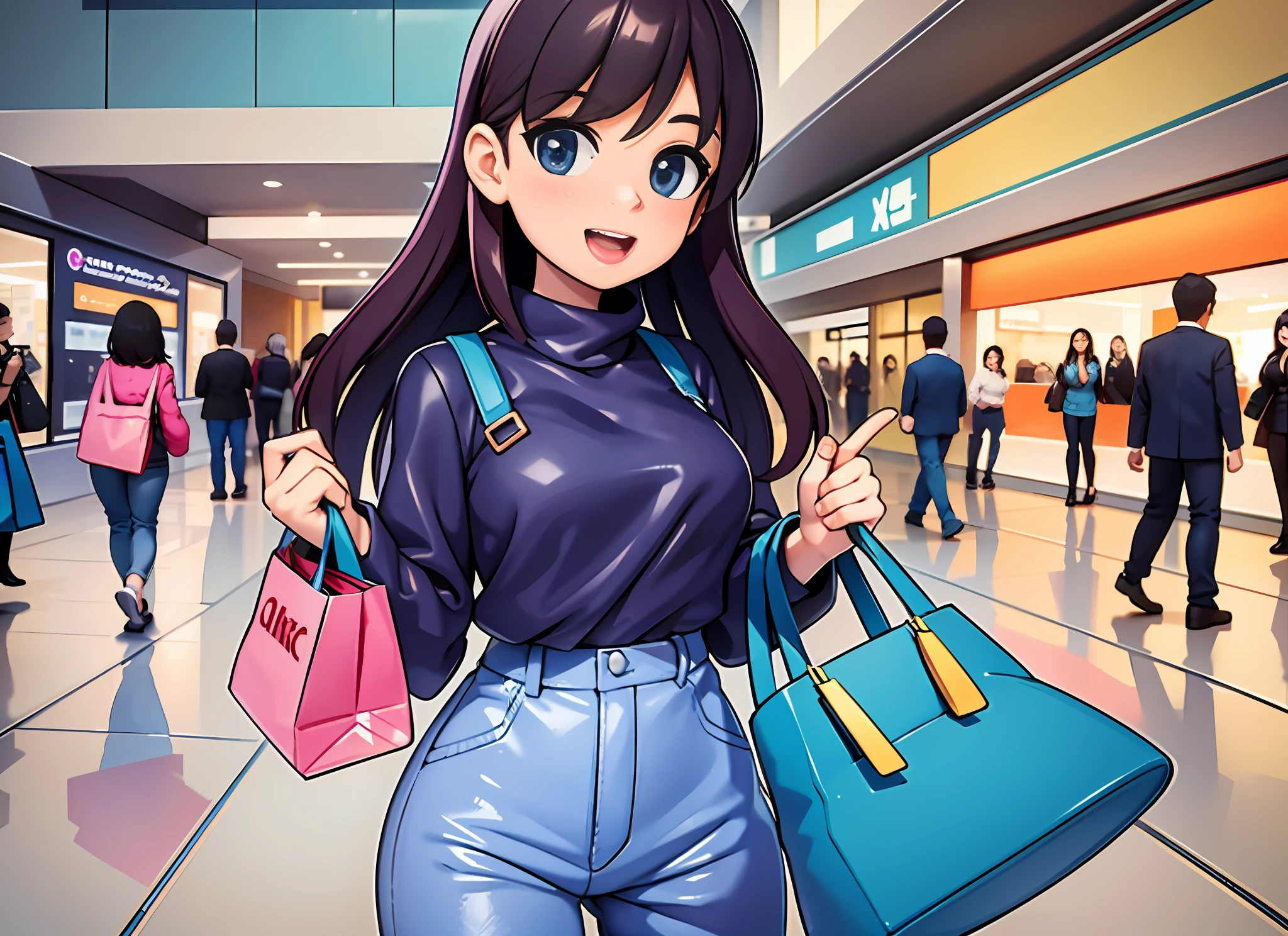 In a modern shopping mall. The girl wears fashionable clothes, carries shopping bags, and her face reveals excitement and contentment.