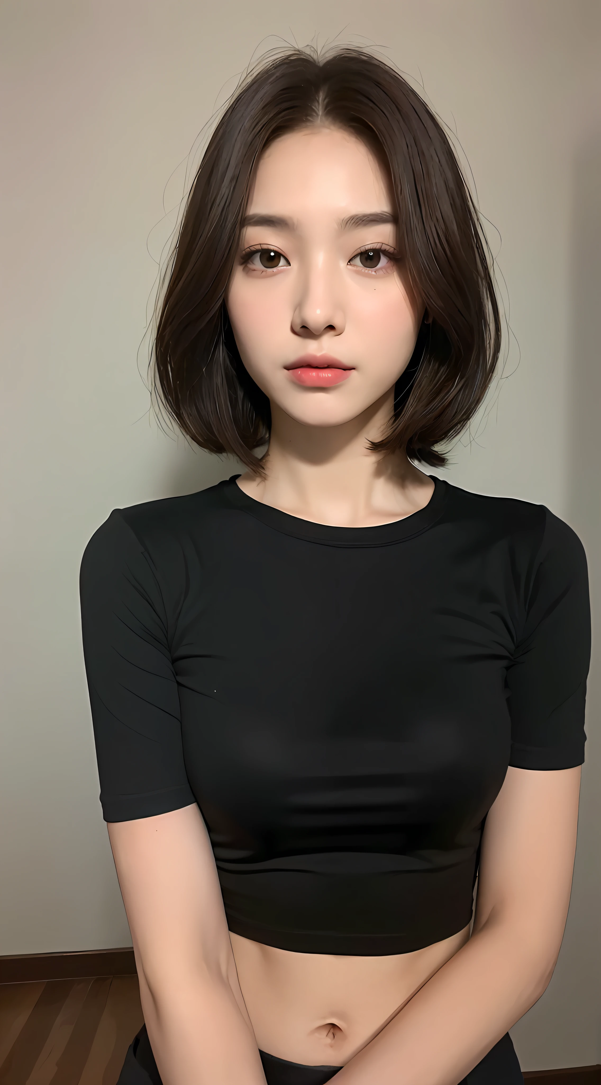 ((Realistic lighting, Best quality, 8K, Masterpiece: 1.3)), Clear focus: 1.2, 1girl, Perfect beauty: 1.4, Slim abs: 1.1, ((dark brown hair)), (Black short sleeves), (School, night: 1.1), Super fine face, fine eyes, double eyelids,