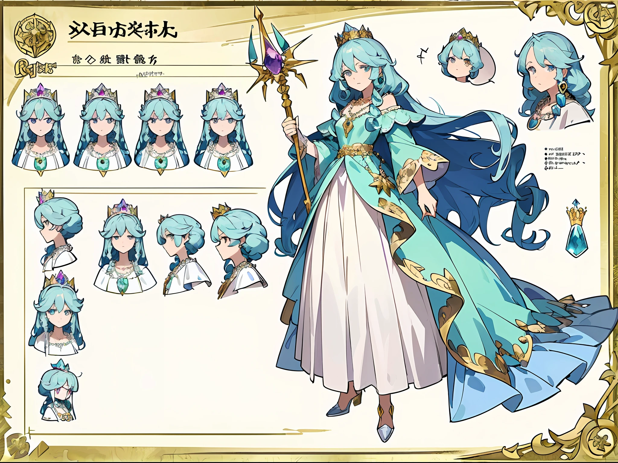 (Masterpiece, best quality) detailed, character sheet, character sheet, many items (the same person, gemstones, crowns, necklaces, scepters, shoes, decorations, many parts), princesses, (((careful eyes))), ((good looking perfect face))), long curly hair, full of details