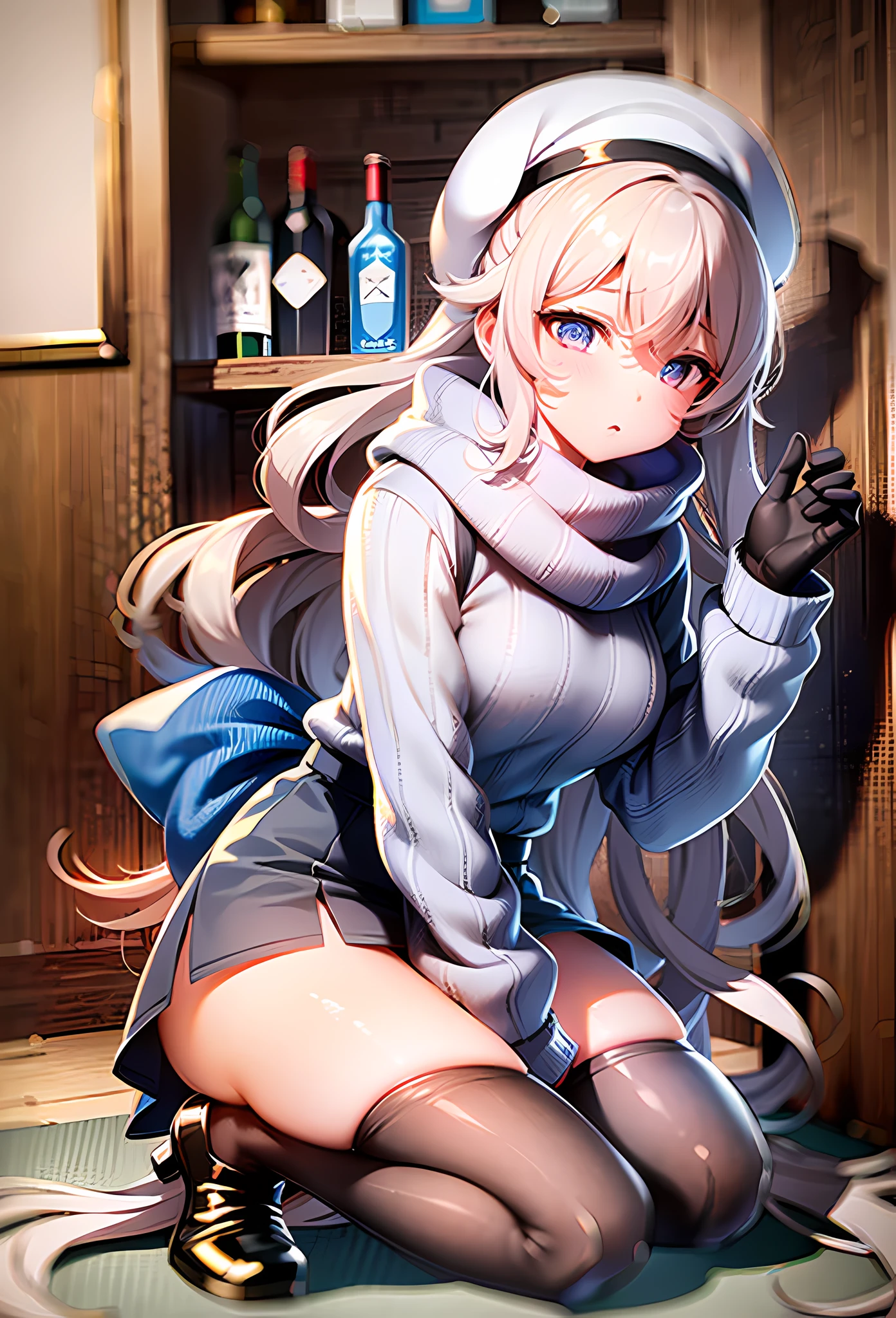 1girl, perfect face, white long hair, curly hair(light), cat ears, blue eyes, blushing, blank expression, white beret, checkered white and blue scarf, winter knitted fleece shirt, white skirt, knee length white socks, black sandals
