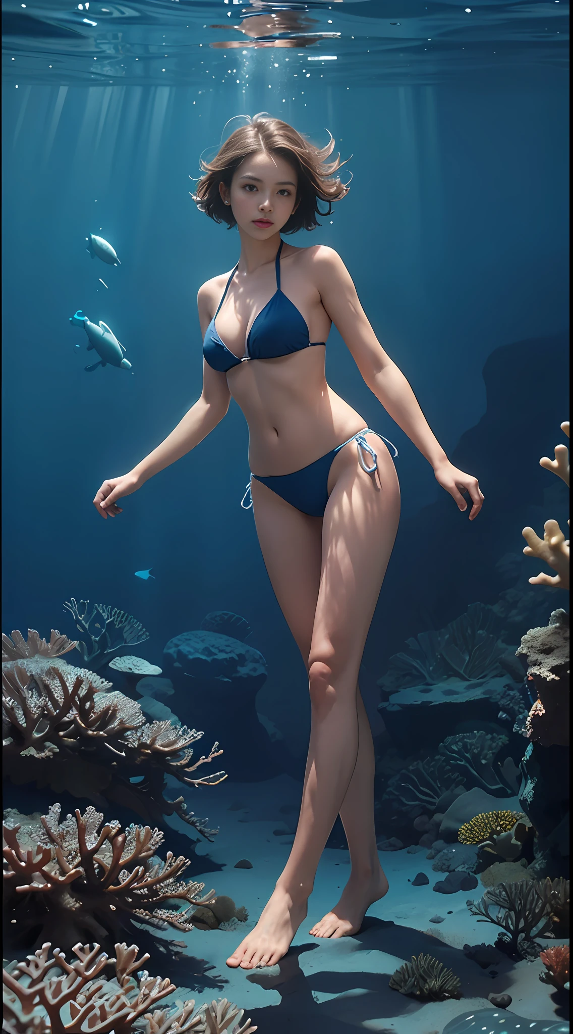 Picture taken below the figure, woman looking down, full body, coral reef, blue bikini, night diving, moonlight, backlit, weightless, ((highest quality, 8k, masterpiece: 1.3)), super low angle, one woman, very short hair, underwater photography, underwater perspective, underwater floating