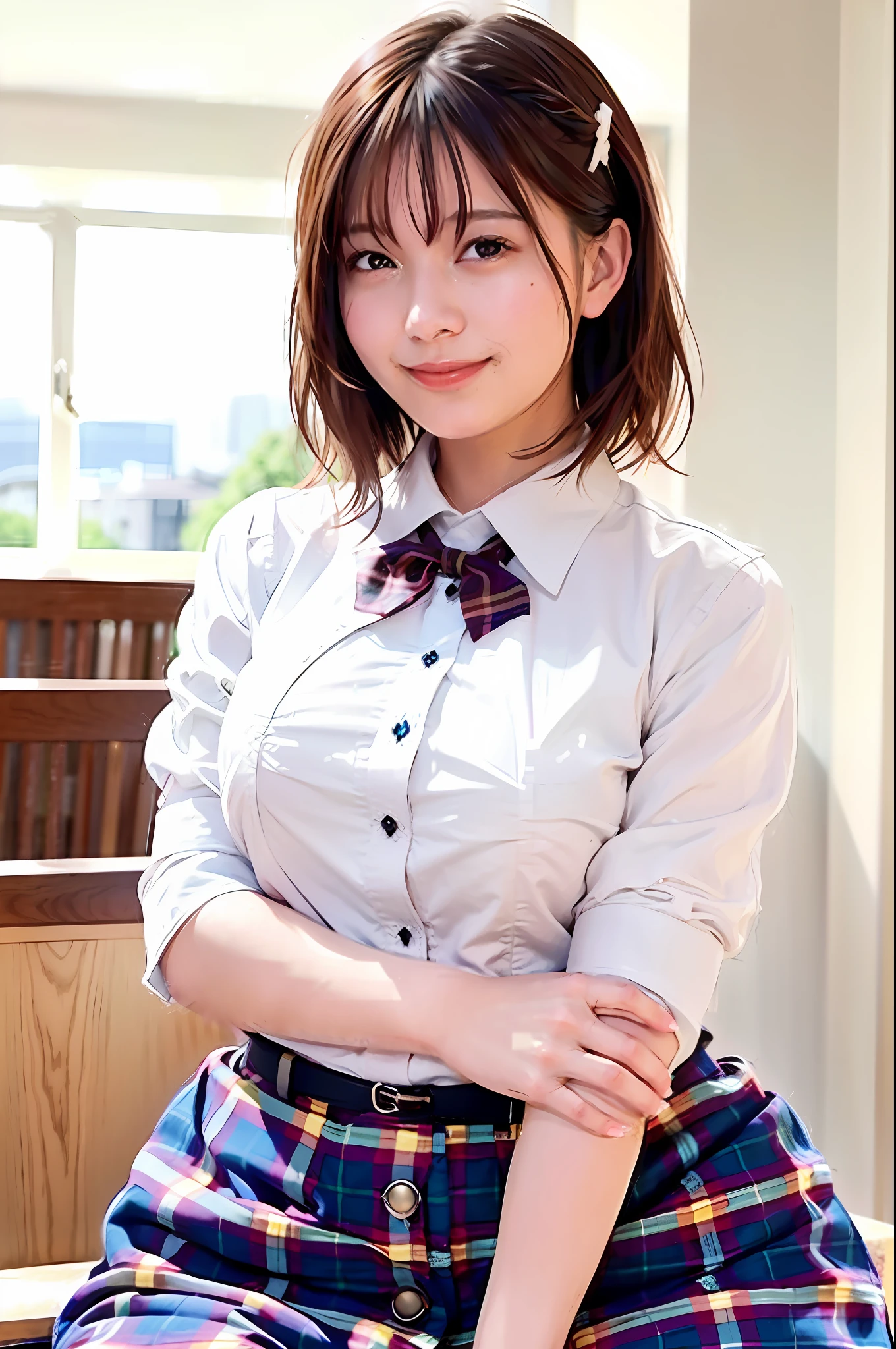 (8K, RAW photo, best quality, masterpiece: 1.2), (realistic, photorealistic: 1.37), ultra high definition, one girl, cute, solo, beautiful sky, sitting, dating, (blusher), (smile: 1.1), (photorealistic: 1.6), (masterpiece: 1.3), (highest quality: 1.4), high resolution, HDR, 8K resolution, check commentary, ( Complex details: 1.6), (volume light),
1 girl, 25 years old, smile, full body, standing pose, classroom, (see-through white school shirt with buttons: 1.6), (shirt with collar: 1.1), bow tie, pleated skirt, (short hair: 1.2), (chest visible: 1.6), (plaid skirt: 1.6), (huge breasts), spilling breasts, round breasts, cleavage, (((button gap))), brown hair, Floating hair, ((braided hair))