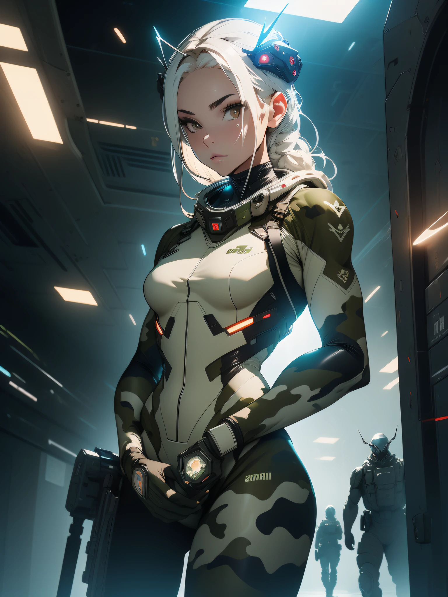 (((Military camouflage pattern))), ((Best quality)), ((masterpiece)), (detailed: 1.4), (Absurd), paper, colorful line art, perfect face, space mariner girl, technological mask with oozy painting of a white skull, graffitti , shiny tanned skin, sweaty, muscular sculptural body defined, (((whole body)))), half-thick bare thighs, closed mouth, muscular body camouflaged khaki fabric mechanical overalls and silver open to the navel, generous neckline, ((perfect small breasts)), ((fully camouflaged khaki clothing)), (((ivory hair with moth))), long eyelashes and black heavy makeup, (((niji style --V5)))), close to real, psychopathic, crazy face, sexy pose, technological background giant robot repair station, jaggers, 2 pieces clothing, centralized, scale to fit dimensions, HDR (High Dynamic Range),Ray Tracing,NVIDIA RTX, Super-Resolution,Unreal 5,Subsurface Dispersion, PBR Texture, Post-processing, Anisotropic Filtering, Depth of Field, Maximum Clarity and Sharpness, Multilayer Textures, Albedo and Specular Maps, Surface Shading, Accurate Simulation of Light-Material Interaction, Perfect Proportions, Octane Render, Two-Tone Lighting, Wide Aperture, Low ISO, White Balance, Rule of Thirds, 8K RAW, Crysisnanosuit