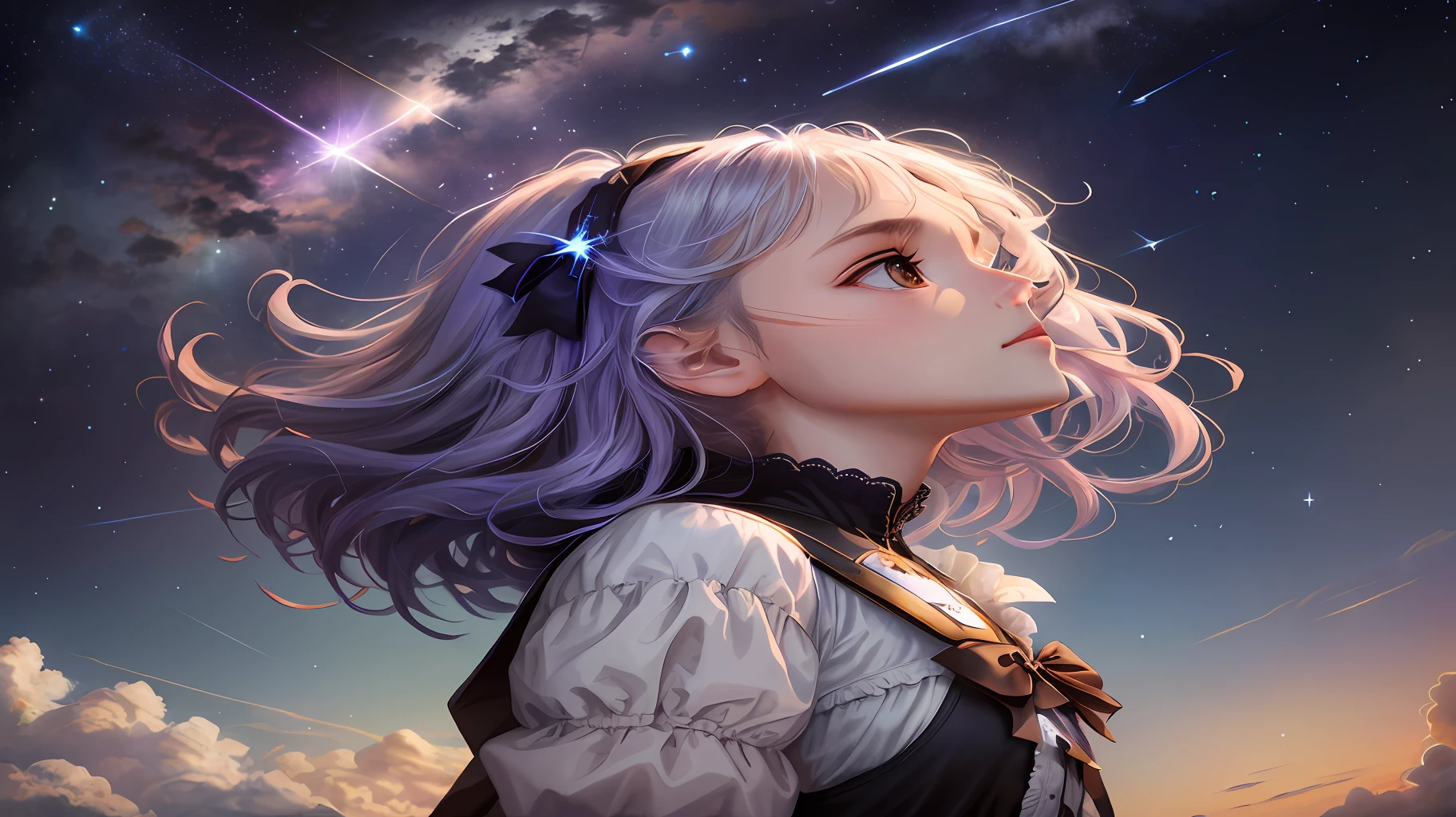 Helena stares up at the sky as a shooting star shines brightly.
